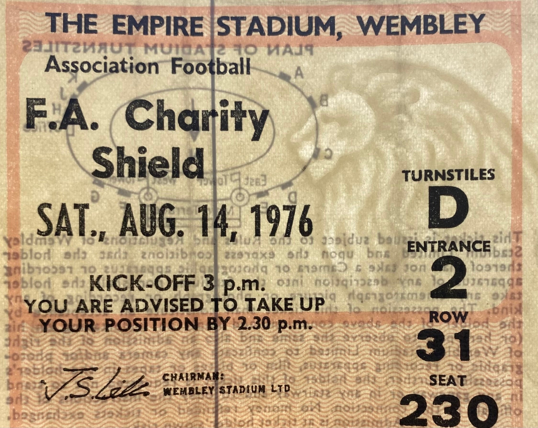 1976 ORIGINAL CHARITY SHIELD TICKET LIVERPOOL V SOUTHAMPTON