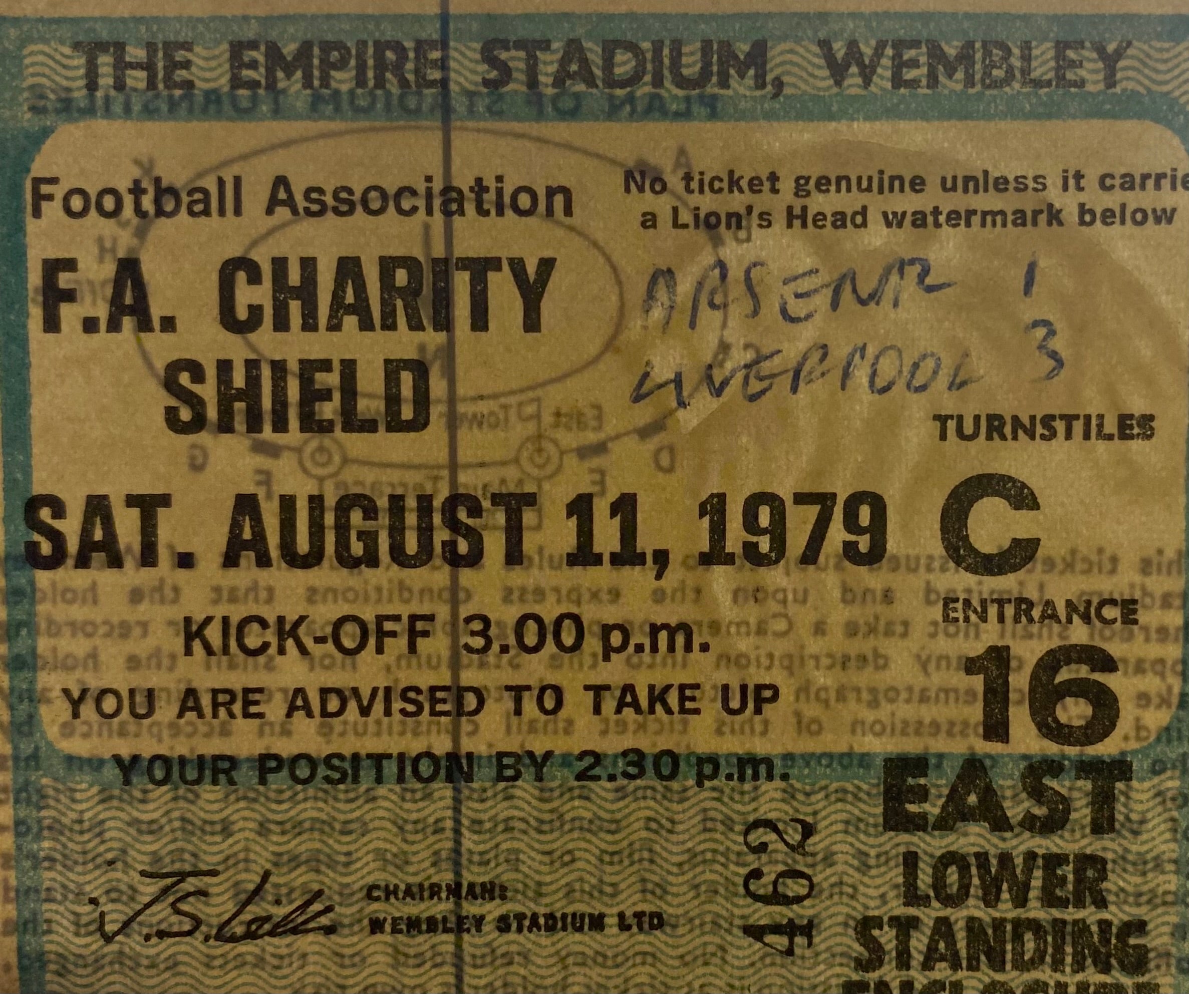 1979 ORIGINAL CHARITY SHIELD TICKET LIVERPOOL V ARSENAL