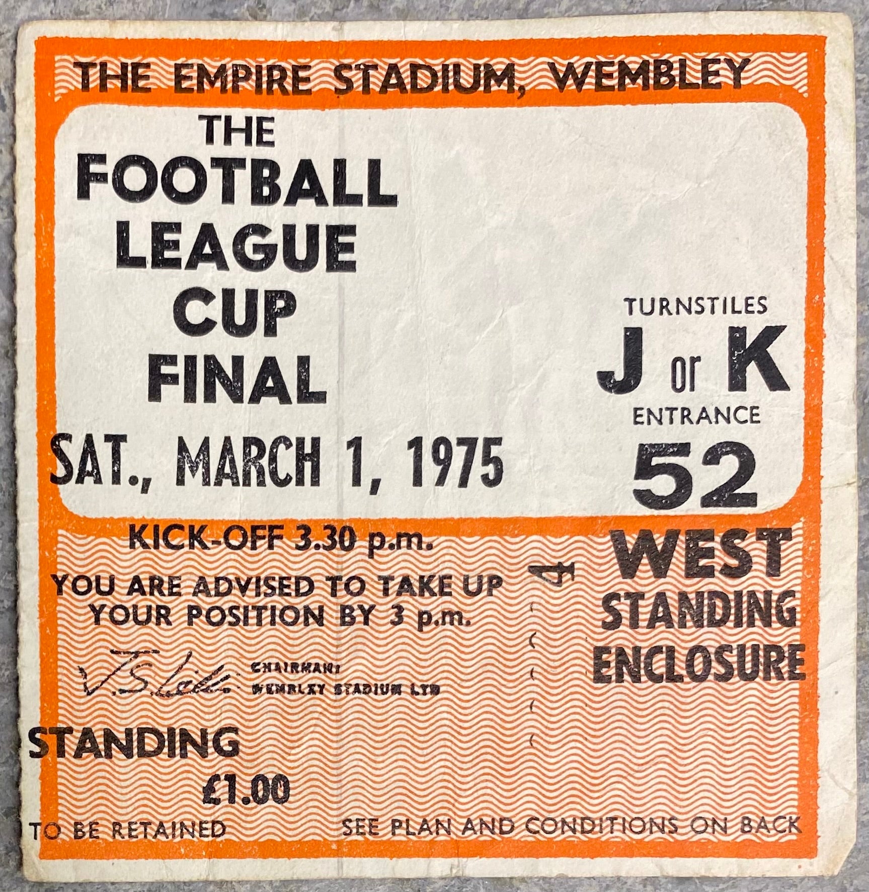 1975 ORIGINAL LEAGUE CUP FINAL TICKET ASTON VILLA V NORWICH CITY