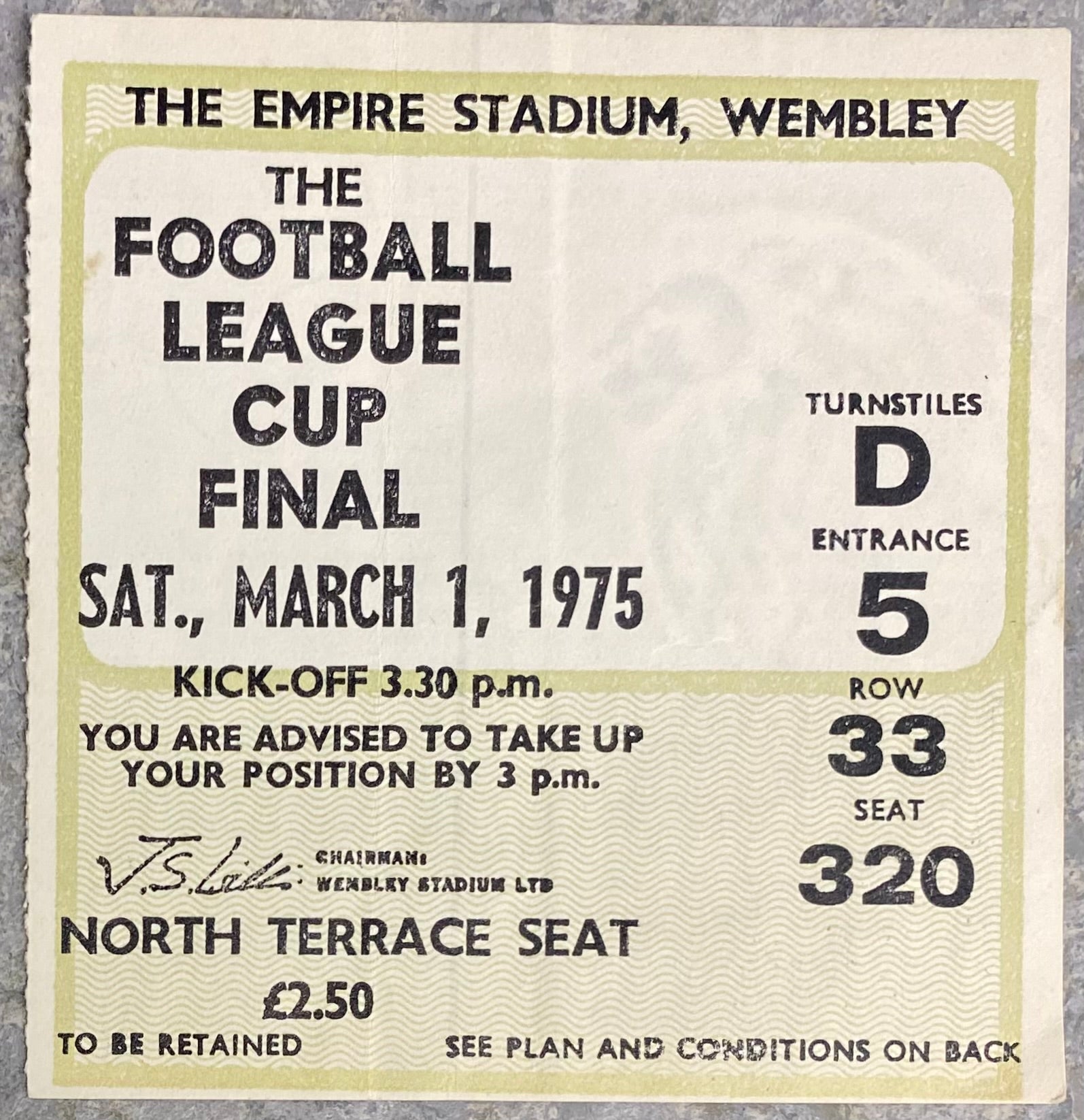 1975 ORIGINAL LEAGUE CUP FINAL TICKET ASTON VILLA V NORWICH CITY