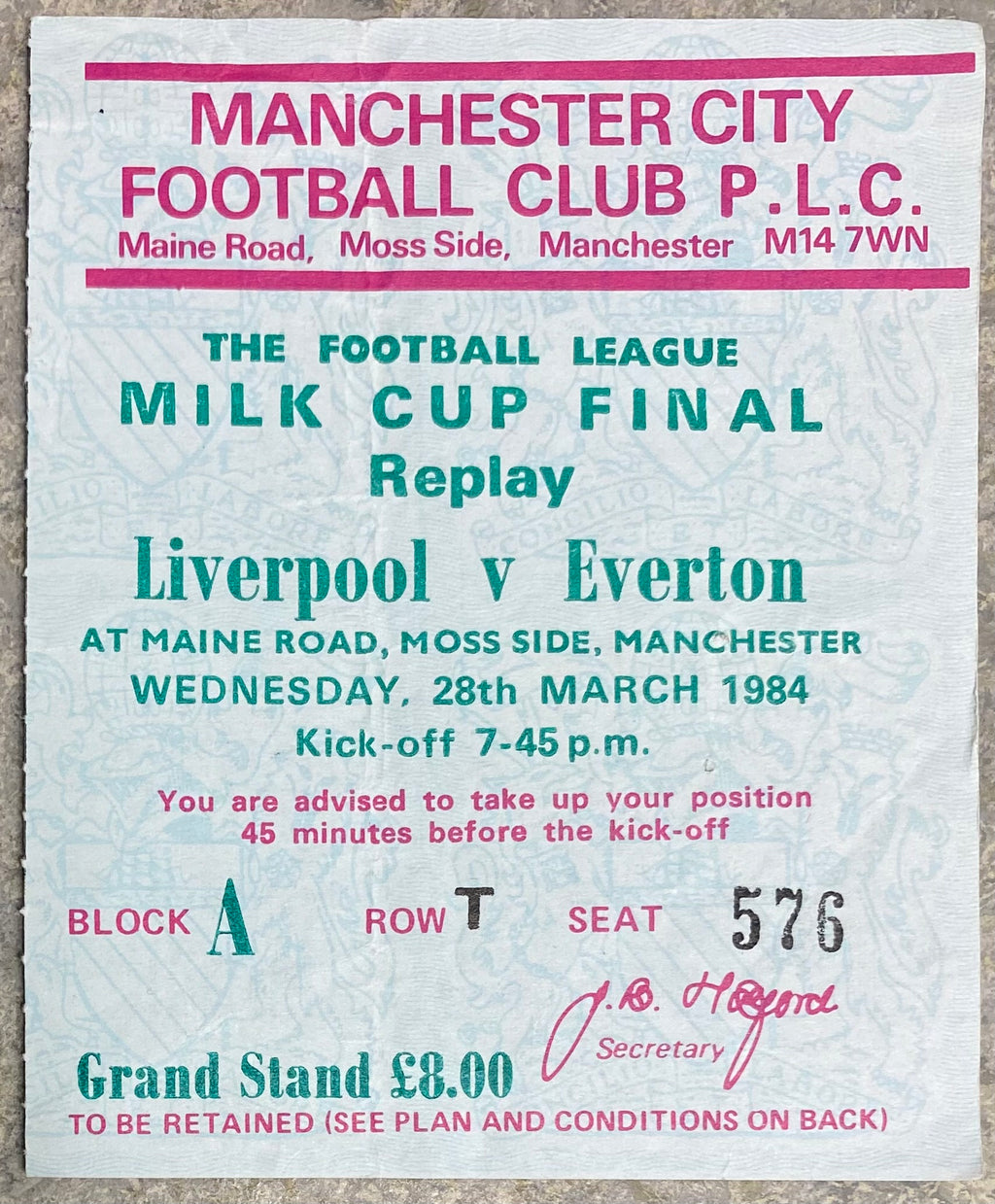 1984 ORIGINAL MILK CUP FINAL REPLAY TICKET LIVERPOOL V EVERTON @ MAINE ROAD