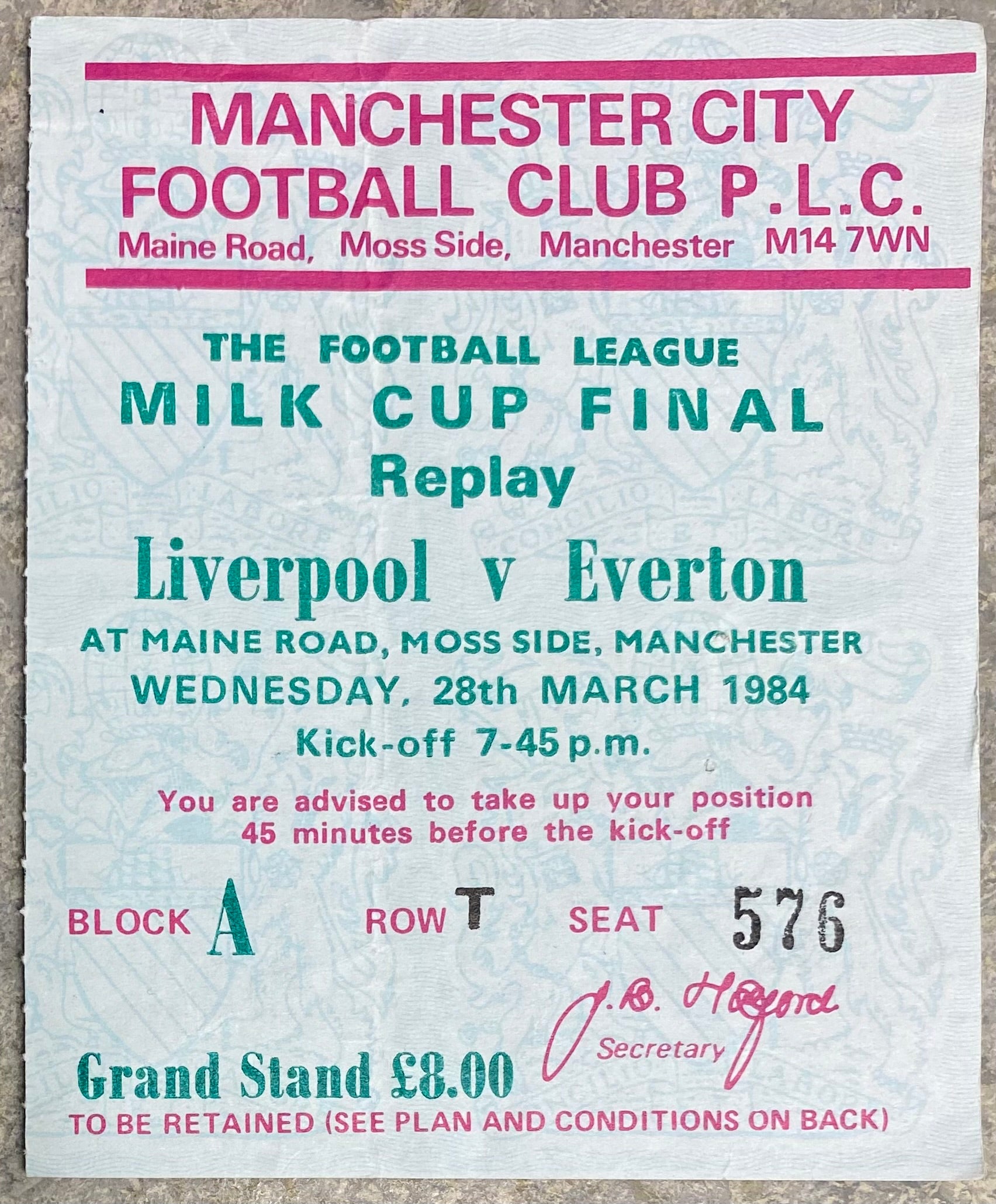 1984 ORIGINAL MILK CUP FINAL REPLAY TICKET LIVERPOOL V EVERTON @ MAINE ROAD