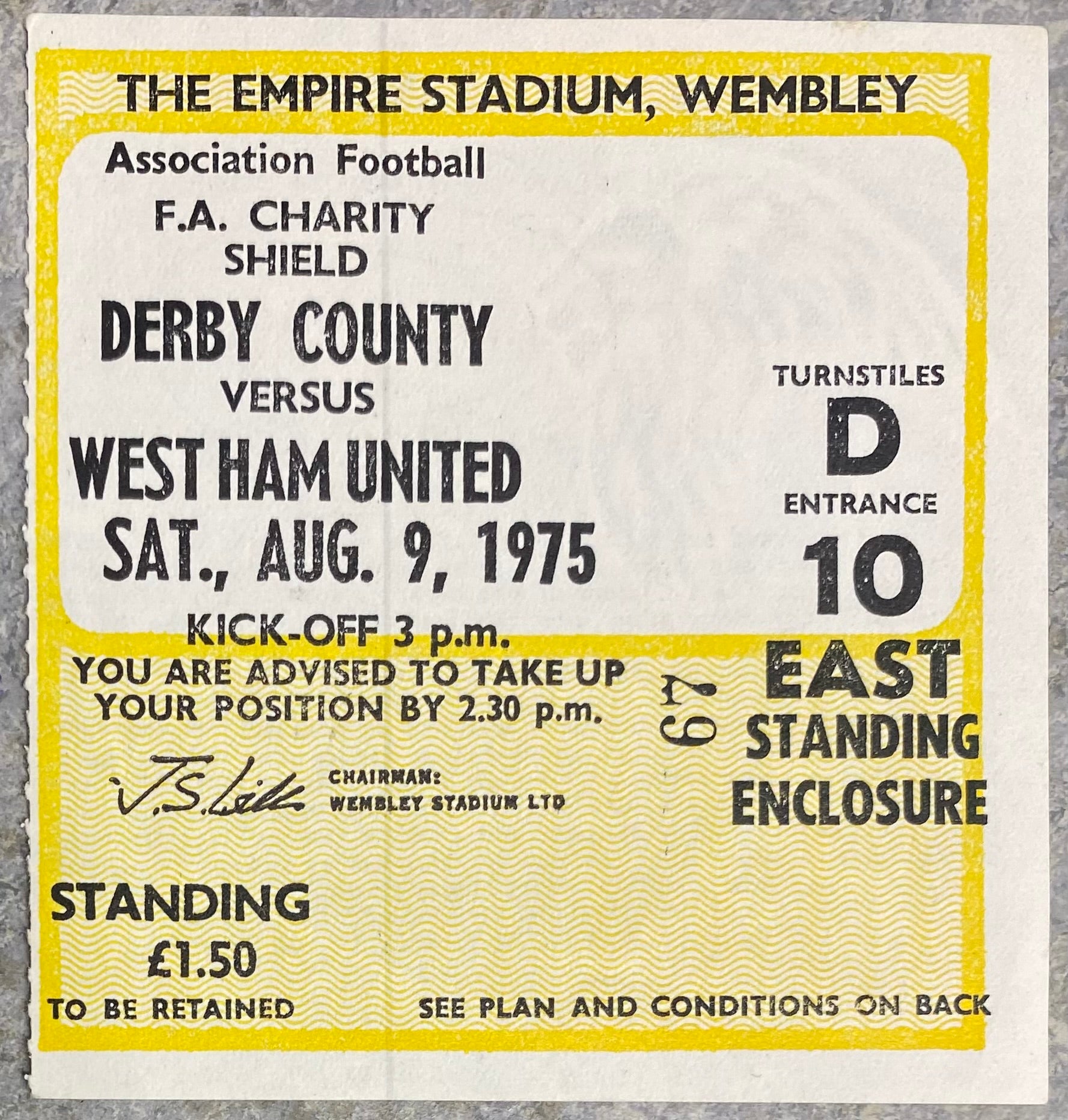 1975 ORIGINAL CHARITY SHIELD TICKET DERBY COUNTY V WEST HAM UNITED