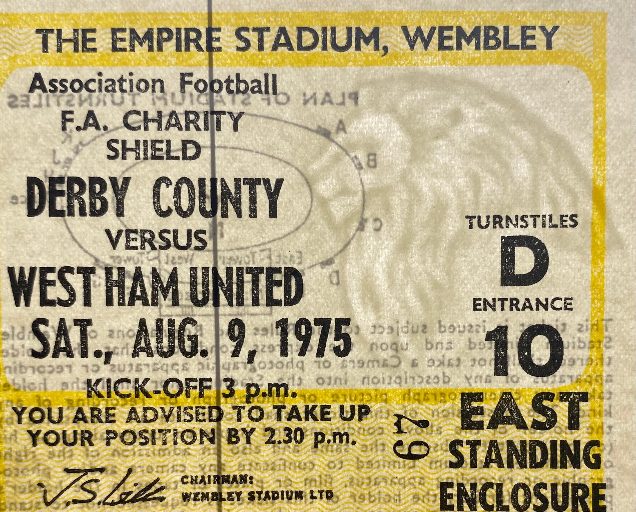 1975 ORIGINAL CHARITY SHIELD TICKET DERBY COUNTY V WEST HAM UNITED