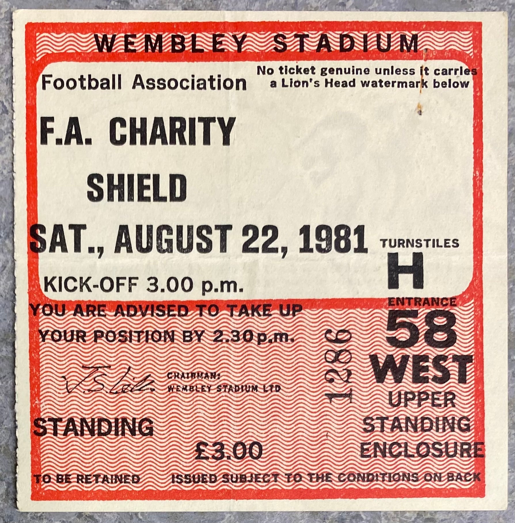 1981 ORIGINAL CHARITY SHIELD TICKET ASTON VILLA V TOTTENHAM HOTSPUR