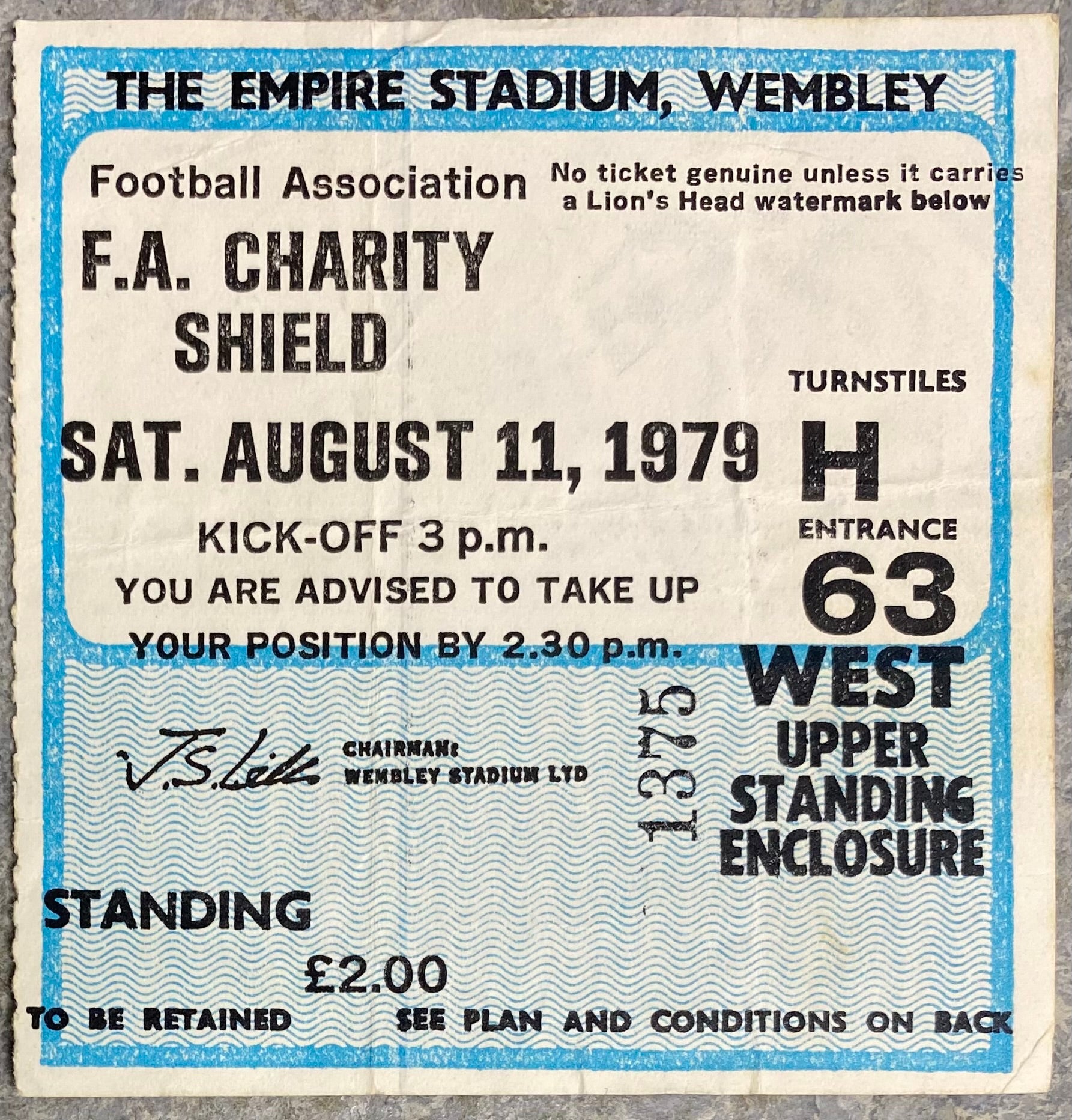 1979 ORIGINAL CHARITY SHIELD TICKET LIVERPOOL V ARSENAL
