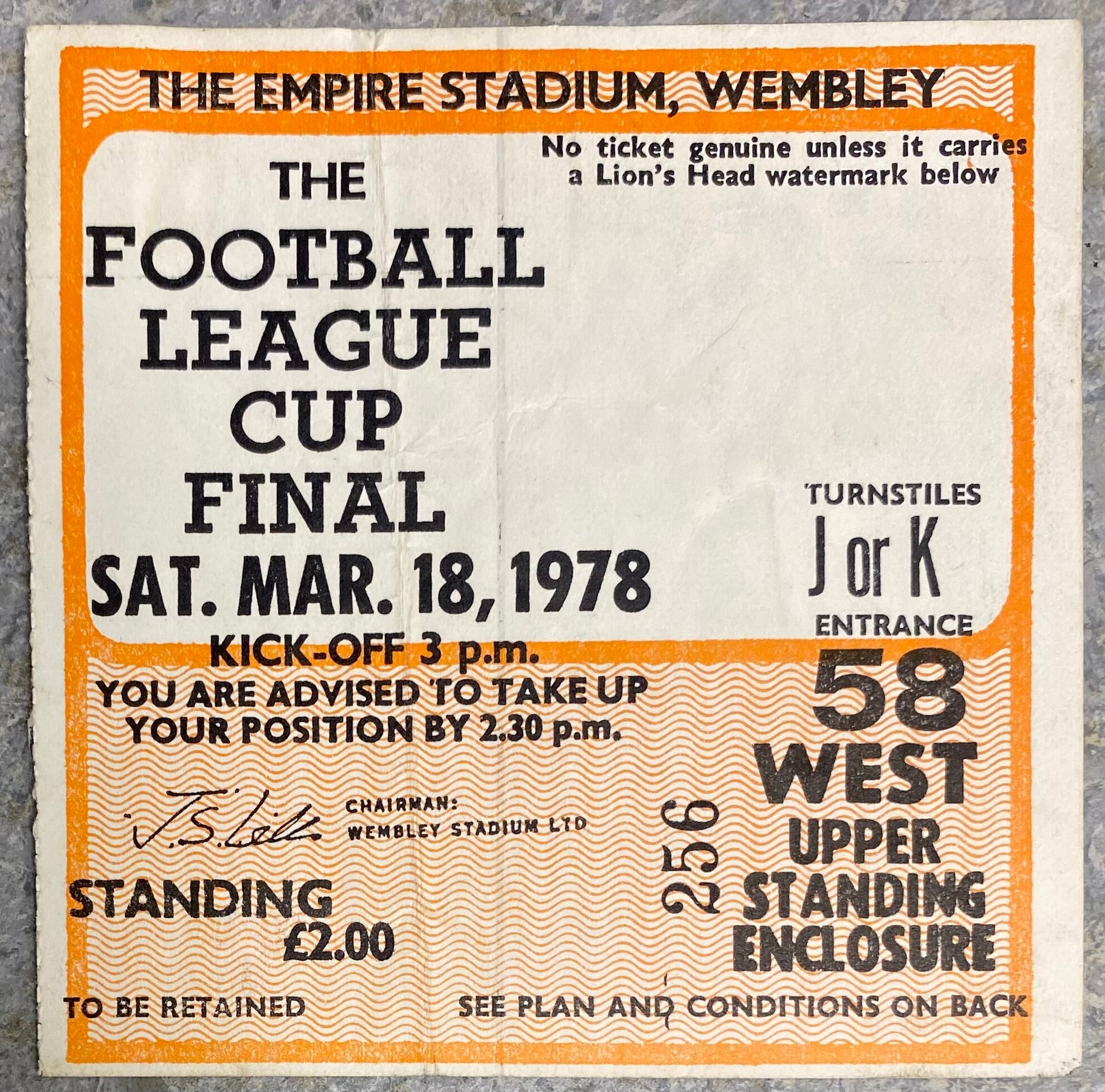 1978 ORIGINAL LEAGUE CUP FINAL TICKET LIVERPOOL V NOTTINGHAM FOREST