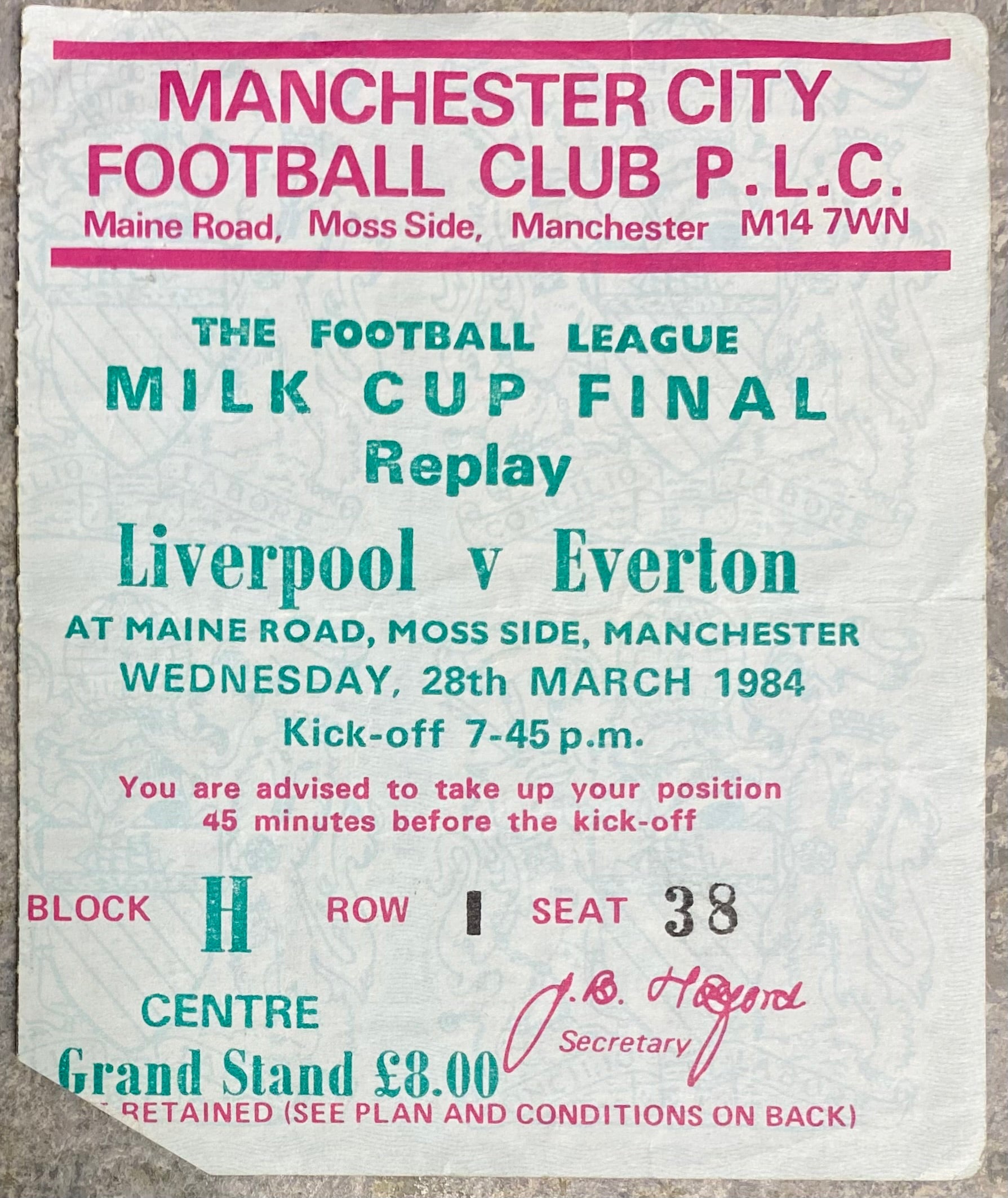 1984 ORIGINAL MILK CUP FINAL REPLAY TICKET LIVERPOOL V EVERTON @ MAINE ROAD