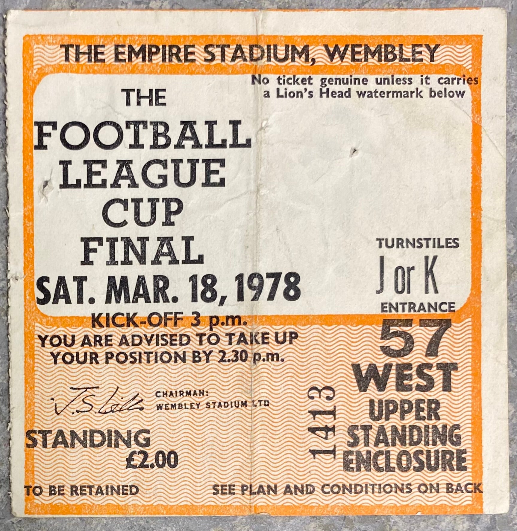 1978 ORIGINAL LEAGUE CUP FINAL TICKET LIVERPOOL V NOTTINGHAM FOREST
