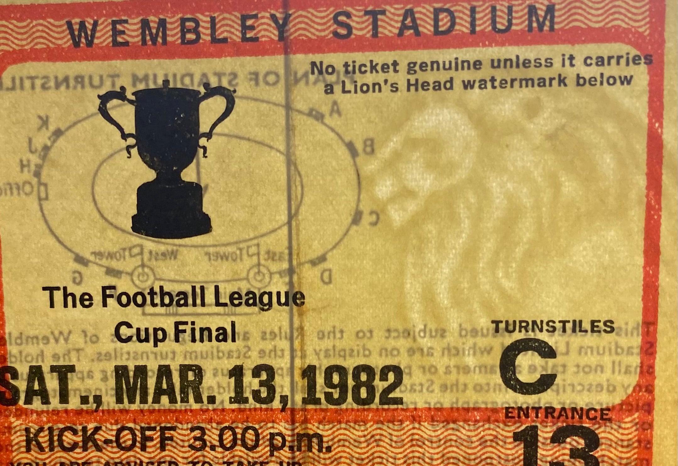 1982 ORIGINAL LEAGUE CUP FINAL TICKET LIVERPOOL V TOTTENHAM HOTSPUR