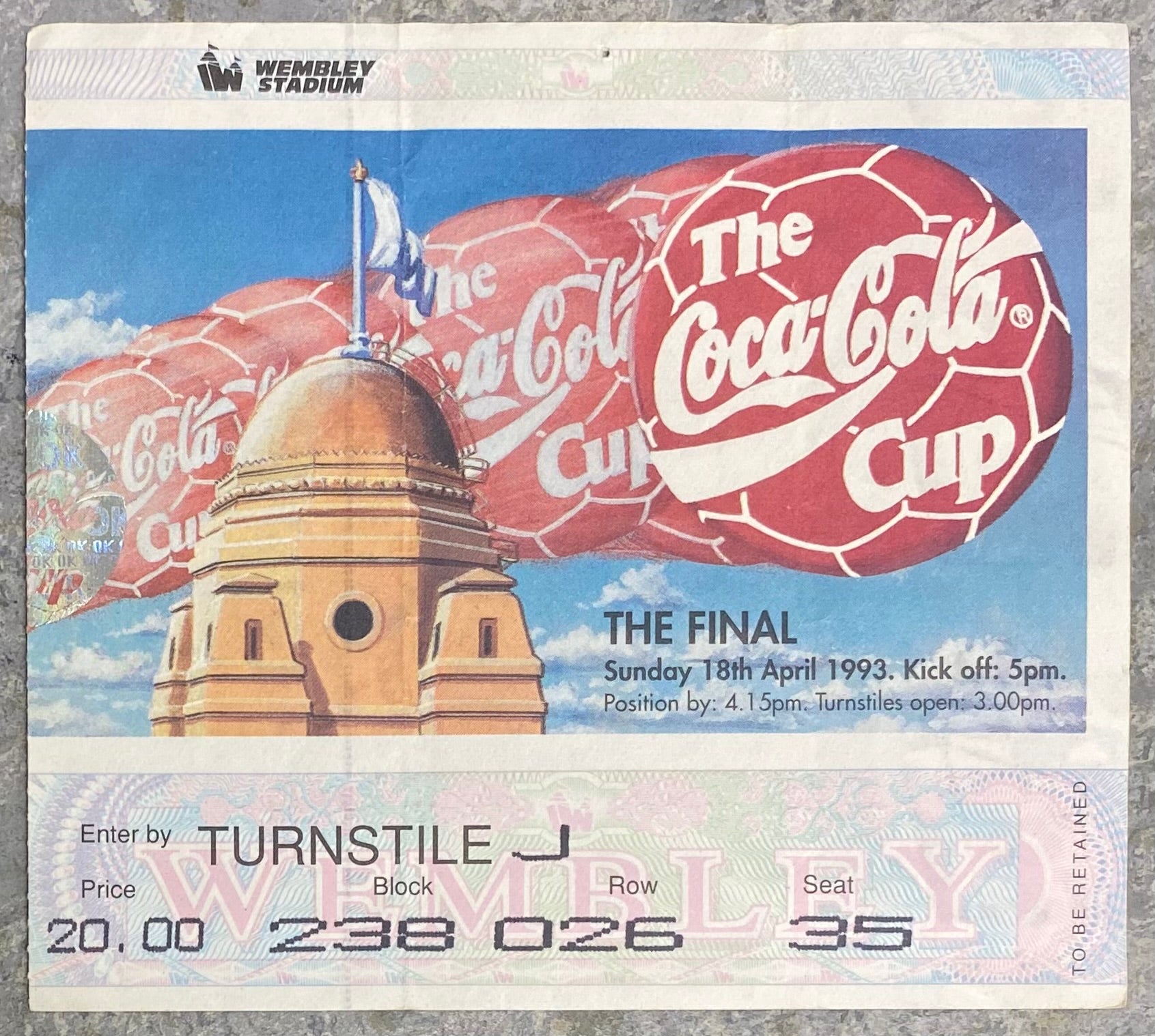 1993 ORIGINAL COCA COLA CUP FINAL TICKET ARSENAL V SHEFFIELD WEDNESDAY