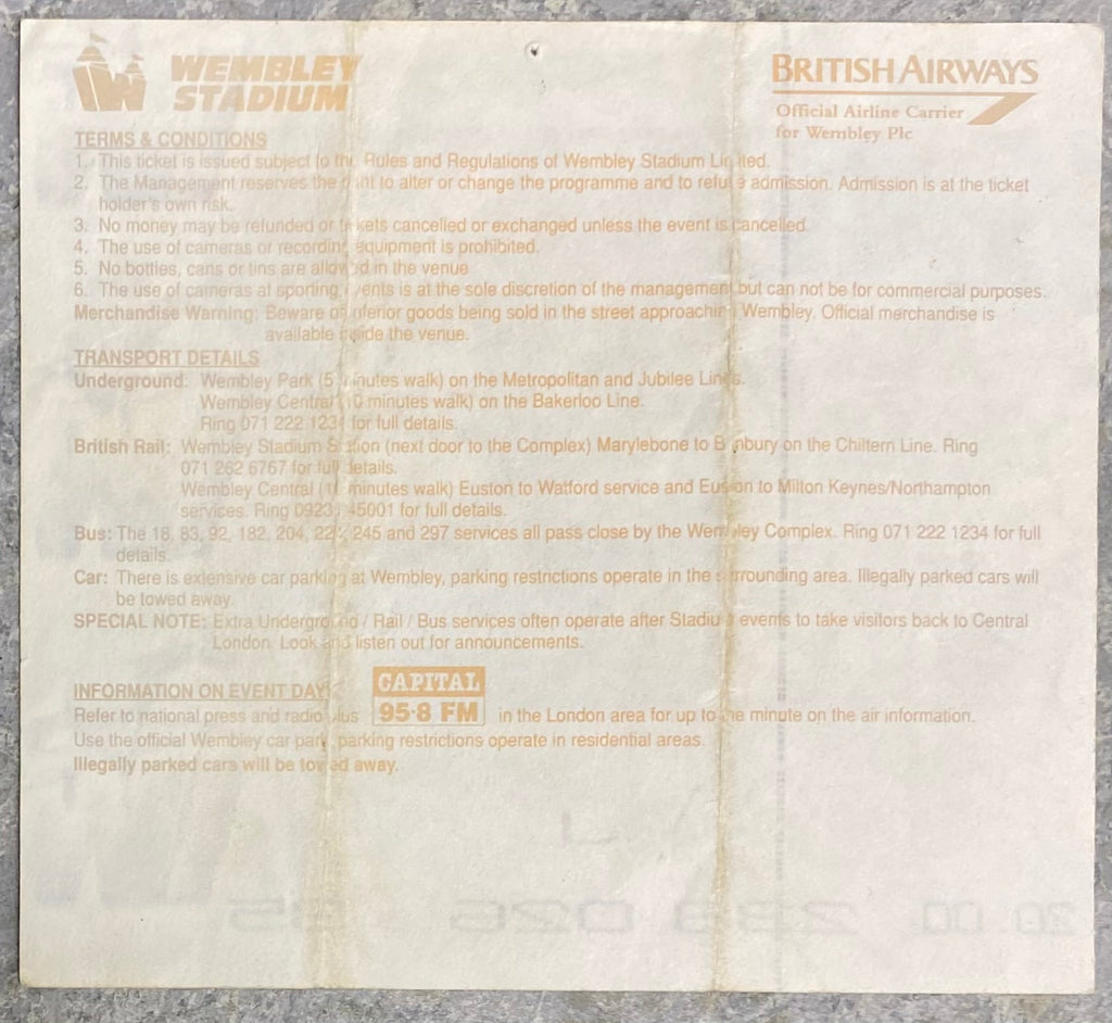 1993 ORIGINAL COCA COLA CUP FINAL TICKET ARSENAL V SHEFFIELD WEDNESDAY