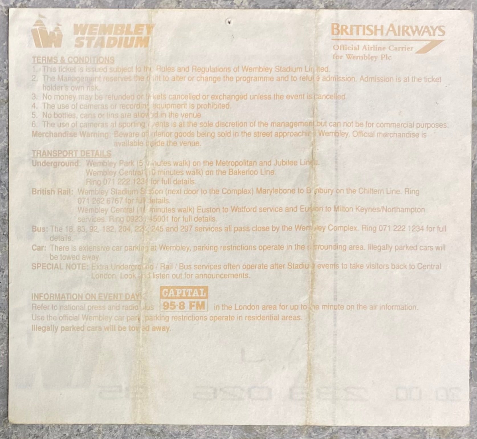 1993 ORIGINAL COCA COLA CUP FINAL TICKET ARSENAL V SHEFFIELD WEDNESDAY