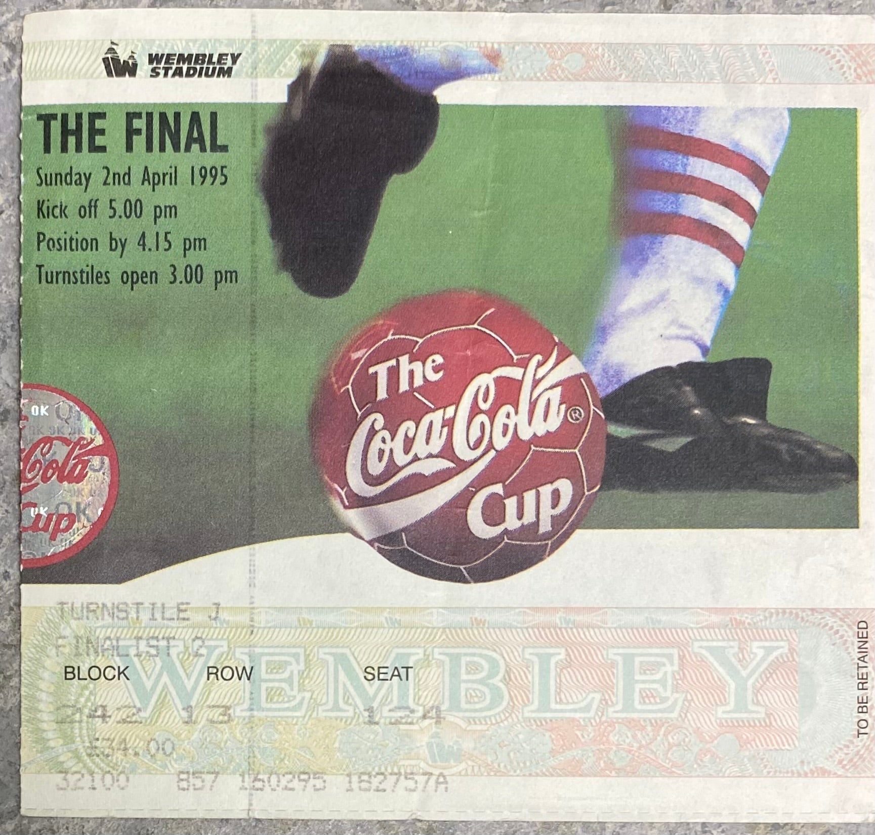 1995 ORIGINAL COCA COLA CUP FINAL TICKET LIVERPOOL V BOLTON WANDERERS