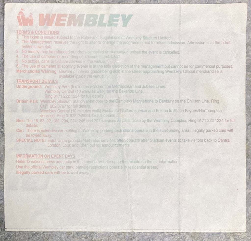 1995 ORIGINAL COCA COLA CUP FINAL TICKET LIVERPOOL V BOLTON WANDERERS