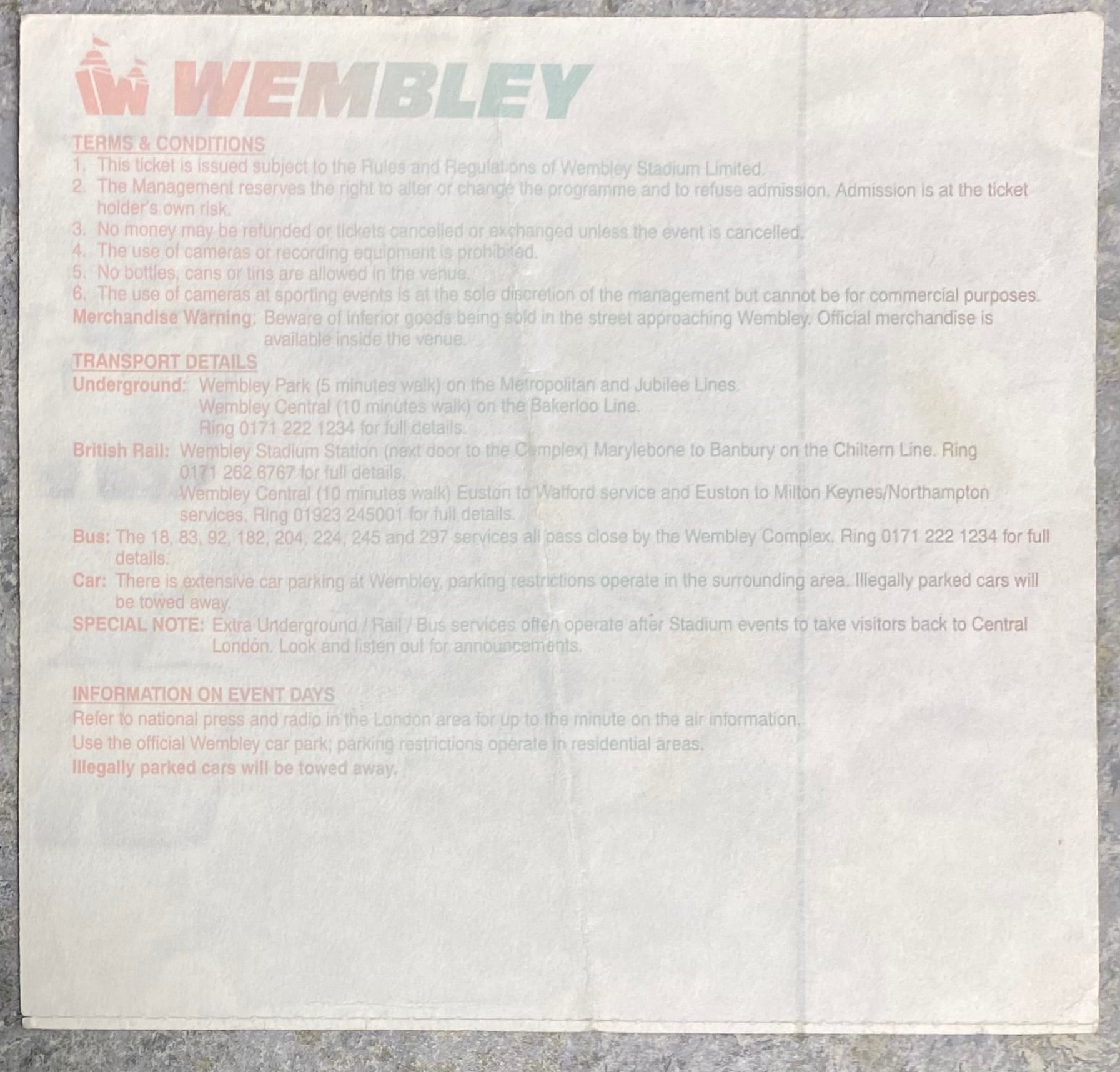 1995 ORIGINAL COCA COLA CUP FINAL TICKET LIVERPOOL V BOLTON WANDERERS