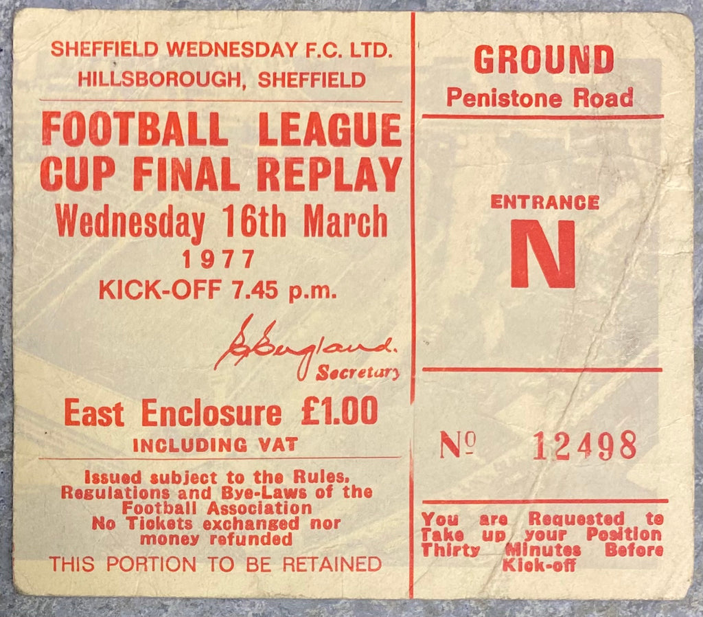 1977 ORIGINAL LEAGUE CUP FINAL REPLAY TICKET ASTON VILLA V EVERTON @ HILLSBOROUGH