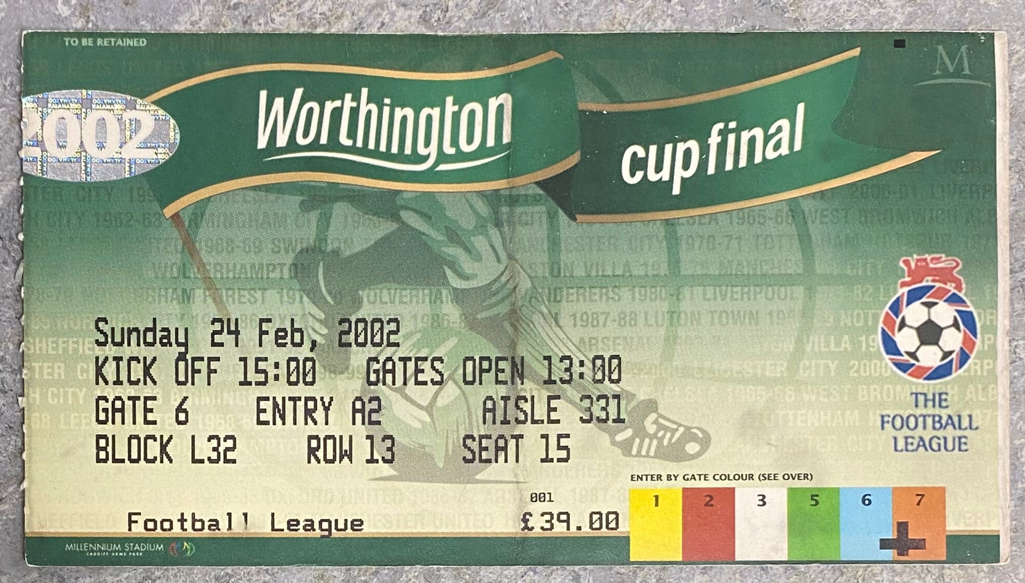 2002 ORIGINAL WORTHINGTON CUP FINAL TICKET BLACKBURN ROVERS V TOTTENHAM HOTSPUR @ CARDIFF
