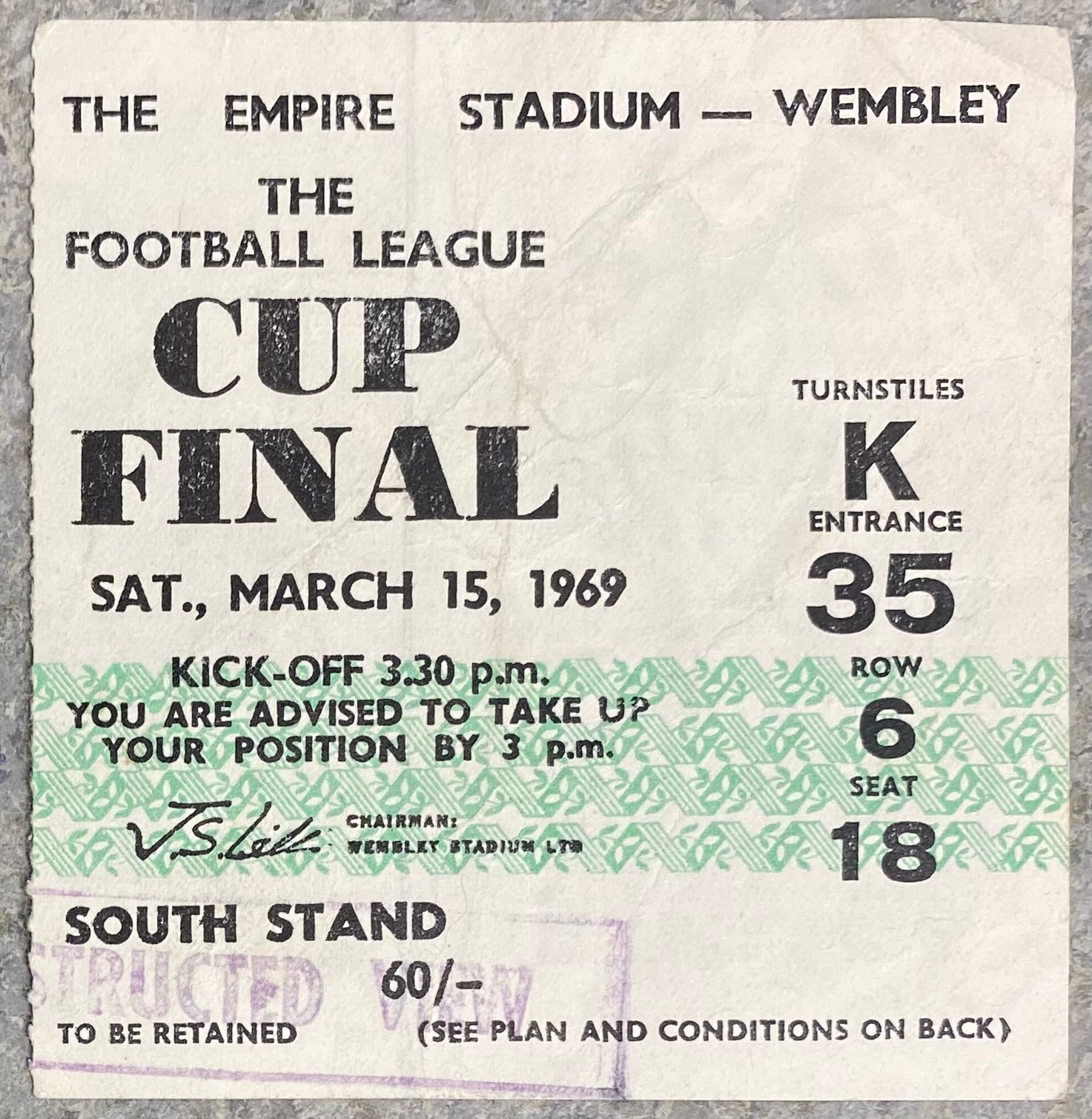 1969 ORIGINAL LEAGUE CUP FINAL TICKET SWINDON TOWN V ARSENAL