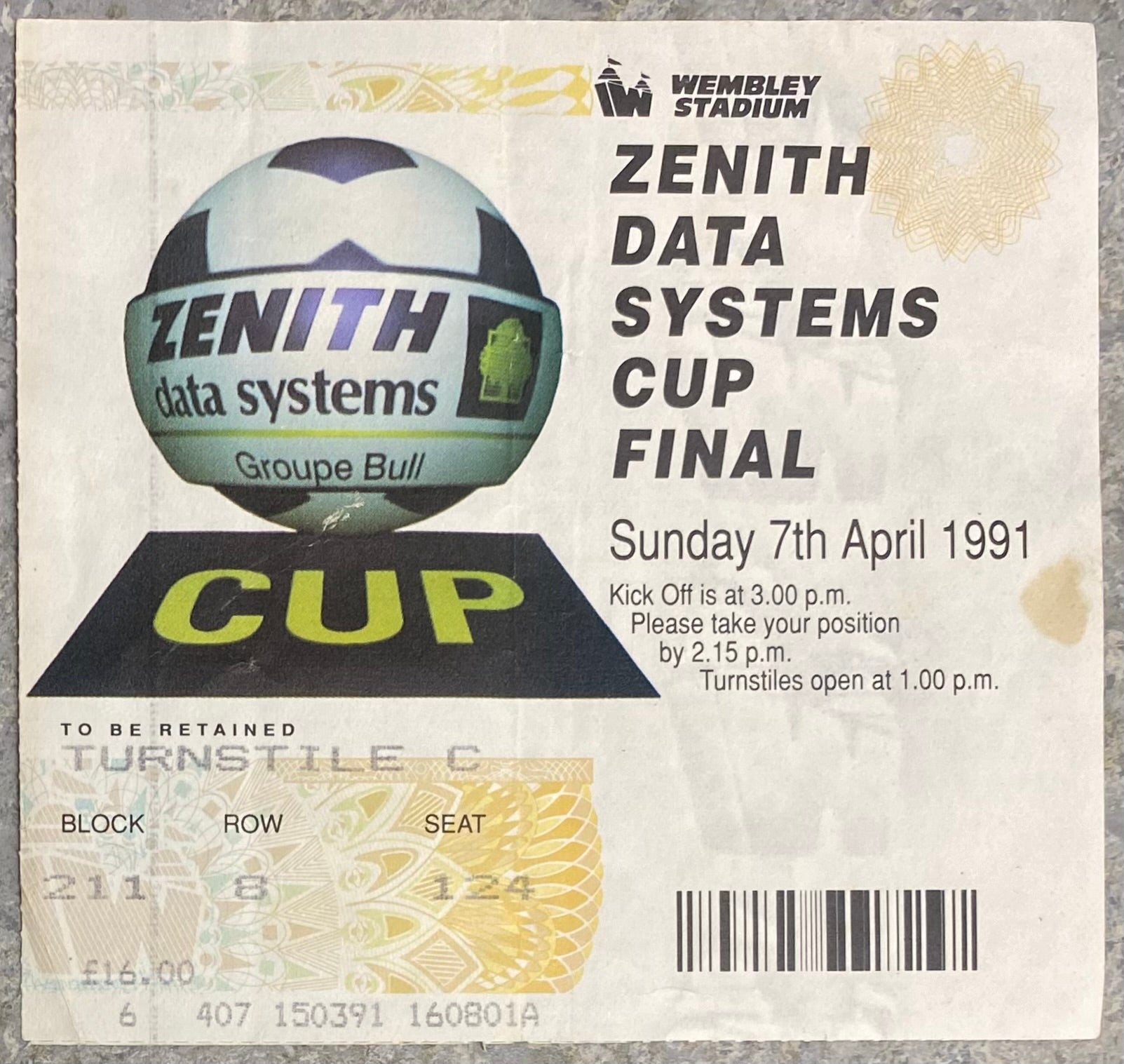 1991 ORIGINAL ZENITH DATA SYSTEMS CUP FINAL TICKET EVERTON V CRYSTAL PALACE