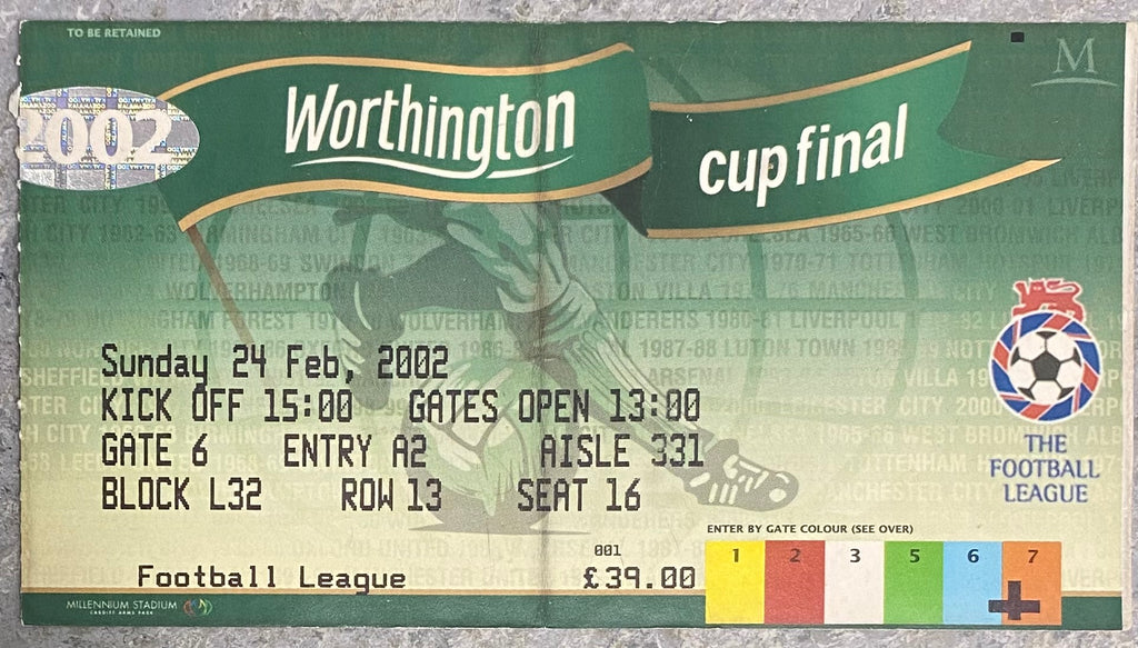 2002 ORIGINAL WORTHINGTON CUP FINAL TICKET BLACKBURN ROVERS V TOTTENHAM HOTSPUR @ CARDIFF