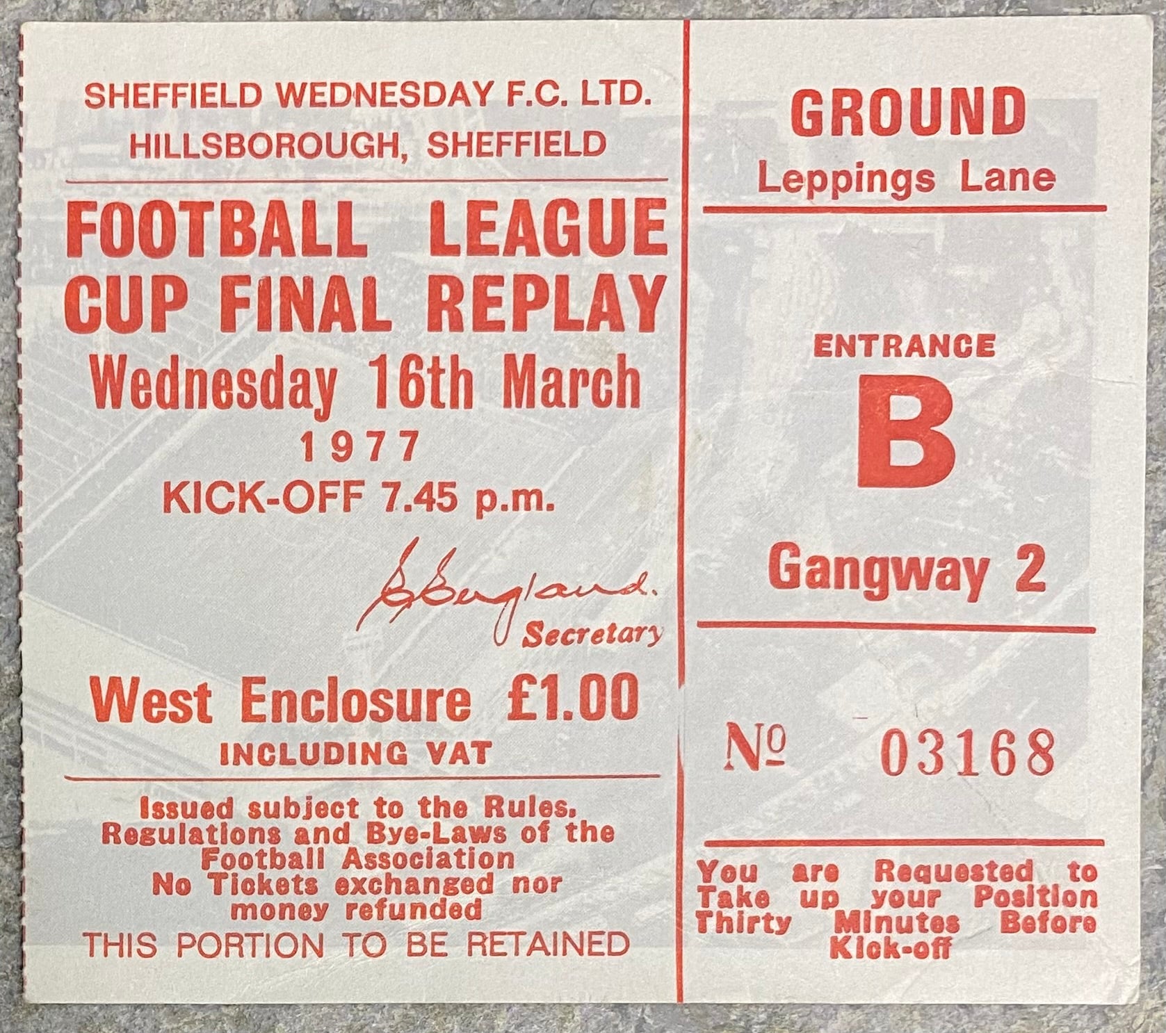 1977 ORIGINAL LEAGUE CUP FINAL REPLAY TICKET ASTON VILLA V EVERTON @ HILLSBOROUGH
