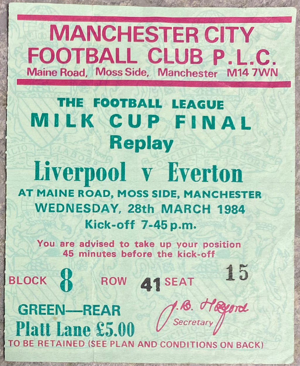 1984 ORIGINAL MILK CUP FINAL REPLAY TICKET LIVERPOOL V EVERTON @ MAINE ROAD