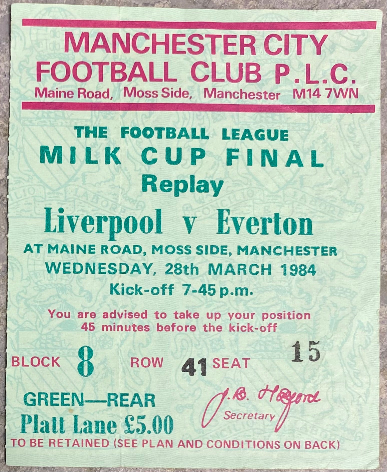 1984 ORIGINAL MILK CUP FINAL REPLAY TICKET LIVERPOOL V EVERTON @ MAINE ROAD
