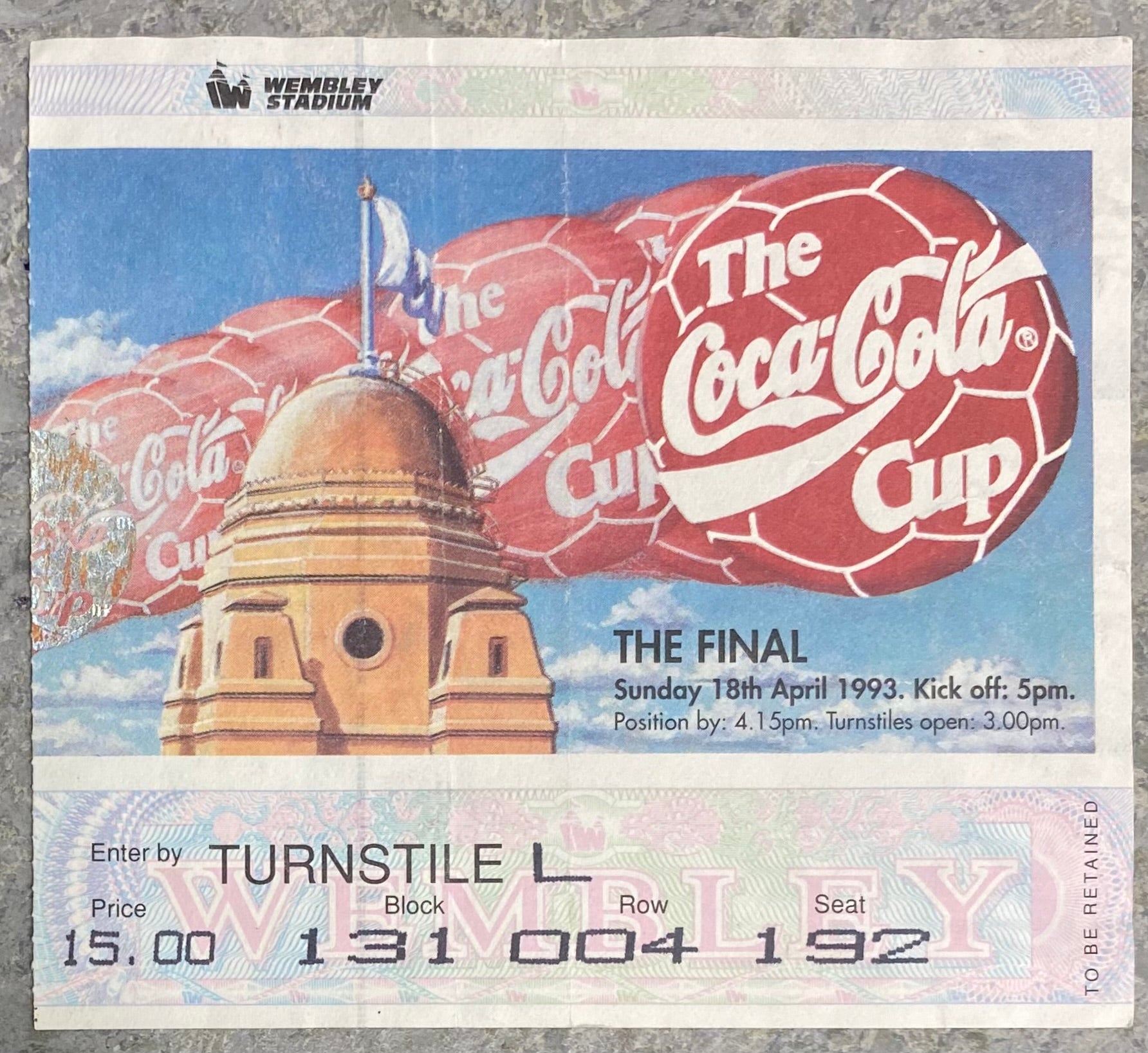 1993 ORIGINAL COCA COLA CUP FINAL TICKET ARSENAL V SHEFFIELD WEDNESDAY