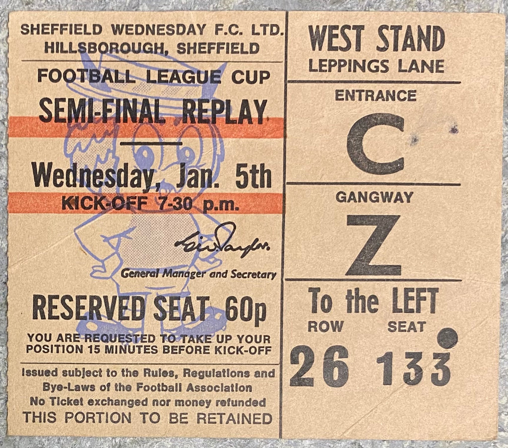 1971/72 ORIGINAL LEAGUE CUP SEMI FINAL REPLAY TICKET WEST HAM UNITED V STOKE CITY @ HILLSBOROUGH