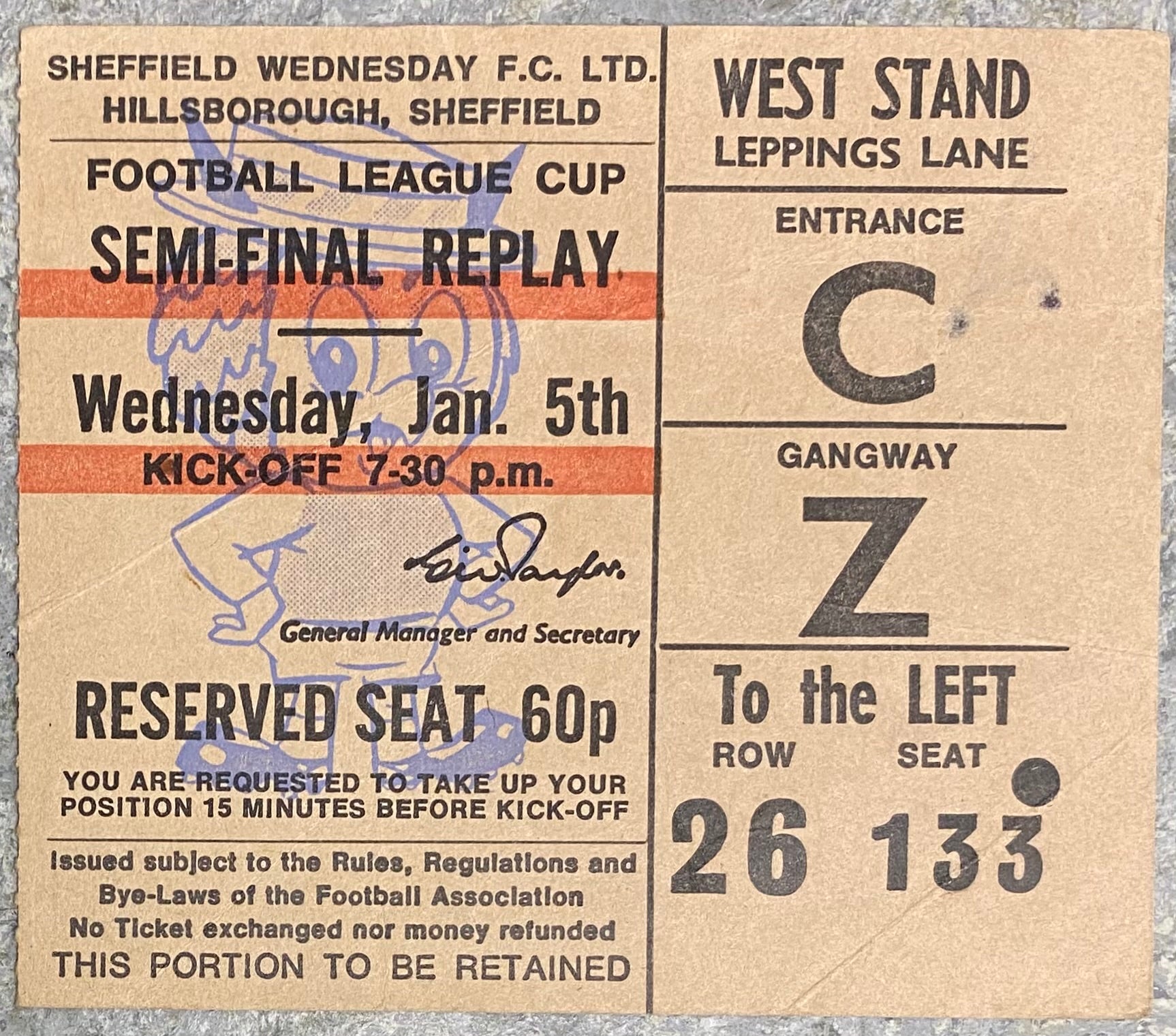 1971/72 ORIGINAL LEAGUE CUP SEMI FINAL REPLAY TICKET WEST HAM UNITED V STOKE CITY @ HILLSBOROUGH