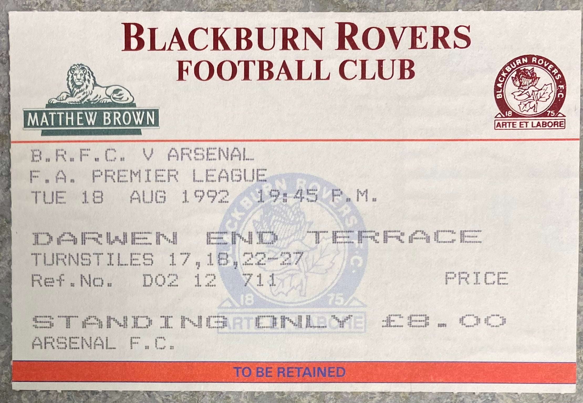 1992/93 ORIGINAL PREMIER LEAGUE TICKET BLACKBURN ROVERS V ARSENAL