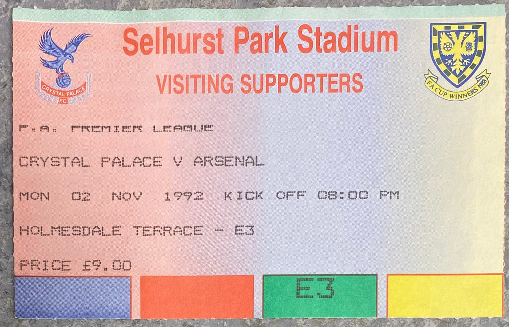 1992/93 ORIGINAL PREMIER LEAGUE TICKET CRYSTAL PALACE V ARSENAL