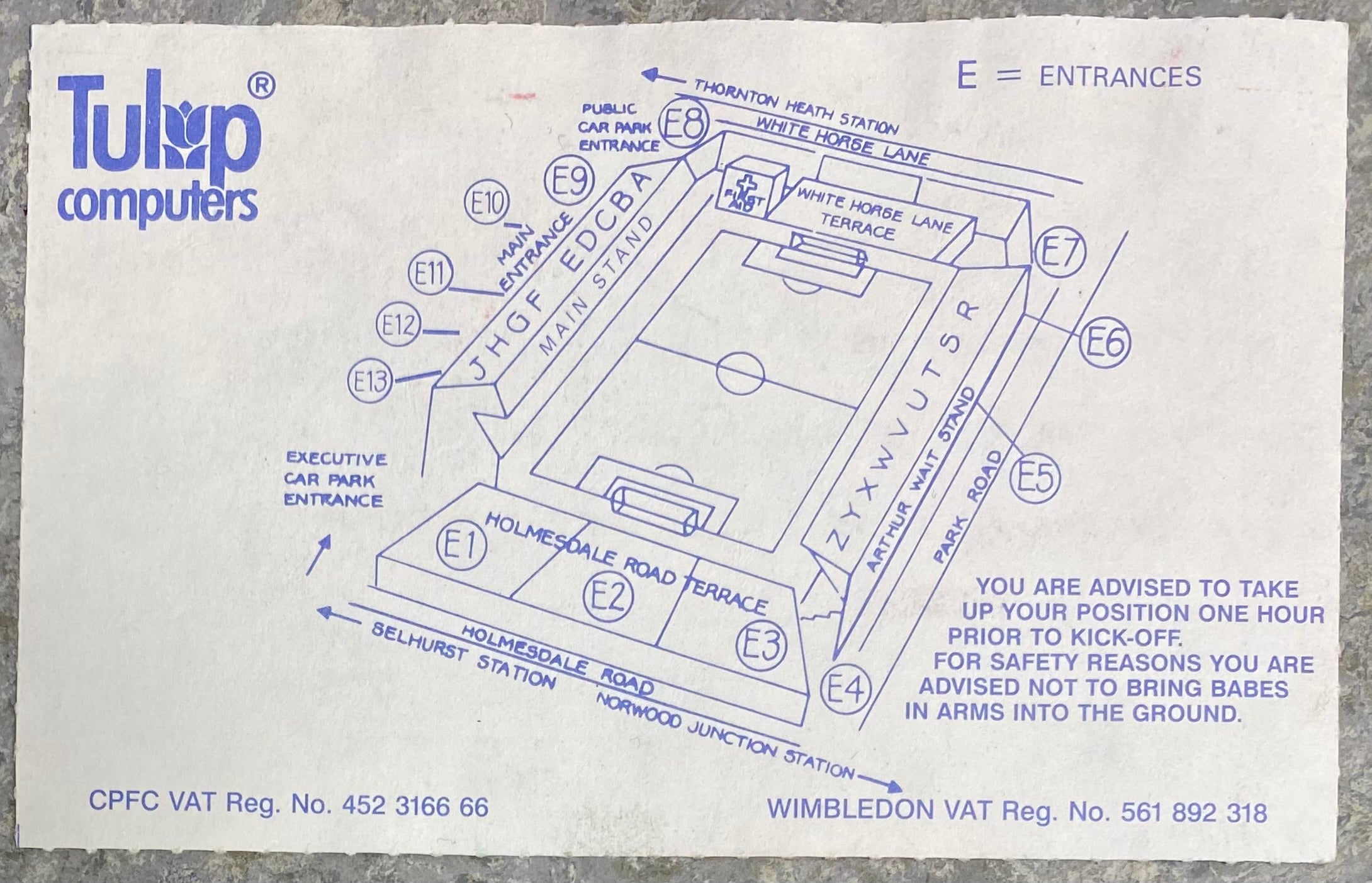 1992/93 ORIGINAL PREMIER LEAGUE TICKET CRYSTAL PALACE V ARSENAL