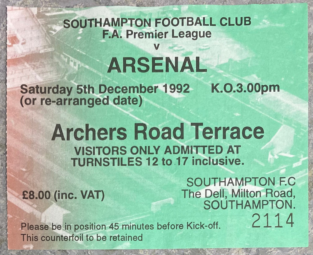 1992/93 ORIGINAL PREMIER LEAGUE TICKET SOUTHAMPTON V ARSENAL