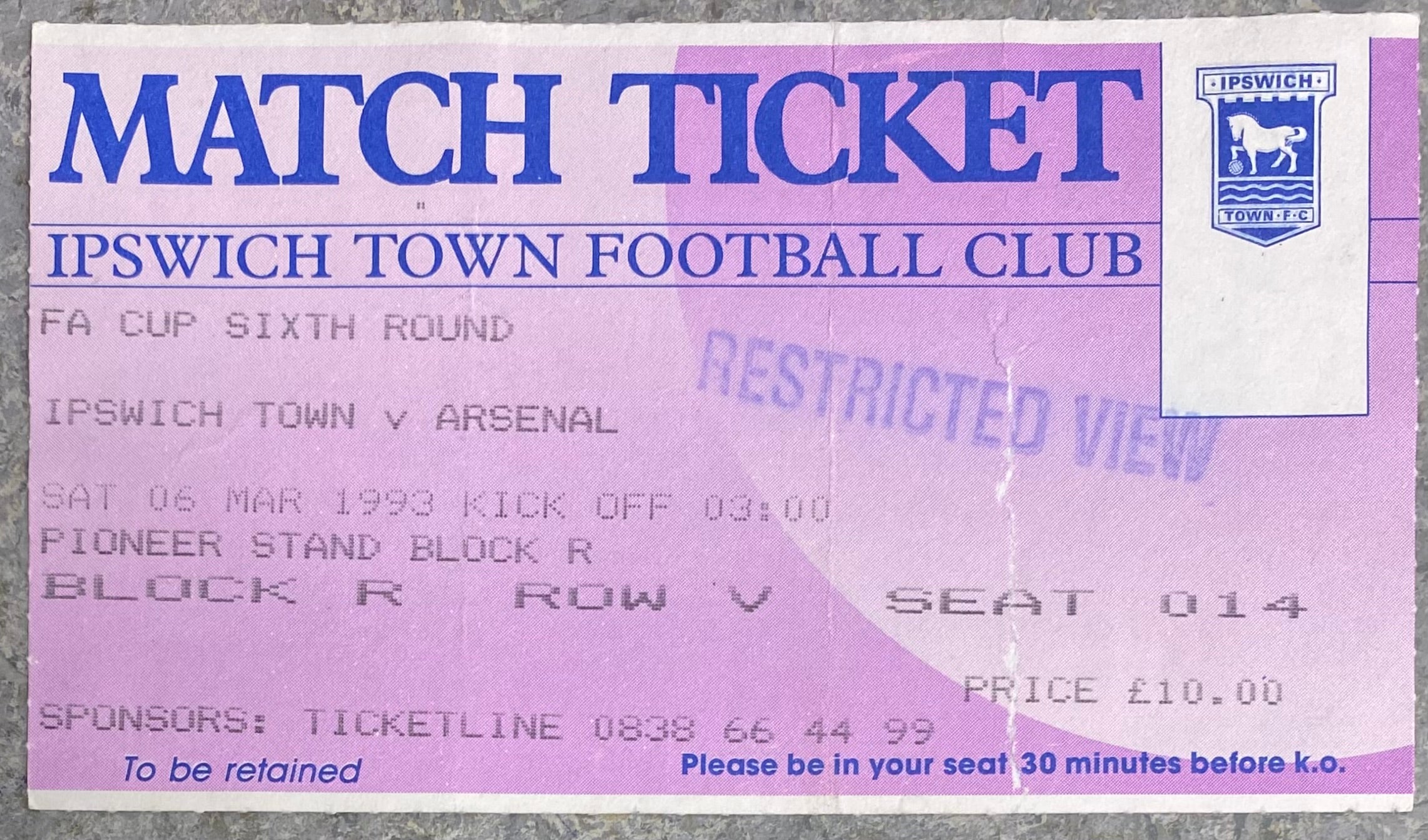 1992/93  ORIGINAL FA CUP 6TH ROUND TICKET IPSWICH TOWN V ARSENAL