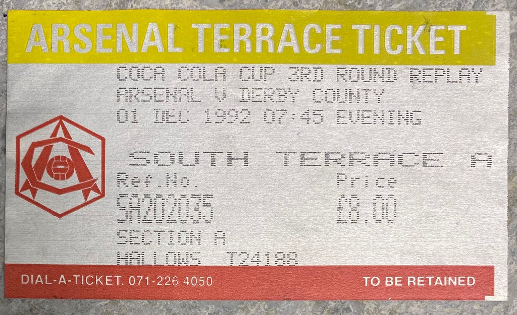 1992/93  ORIGINAL COCA COLA 3RD ROUND REPLAY TICKET ARSENAL V DERBY COUNTY