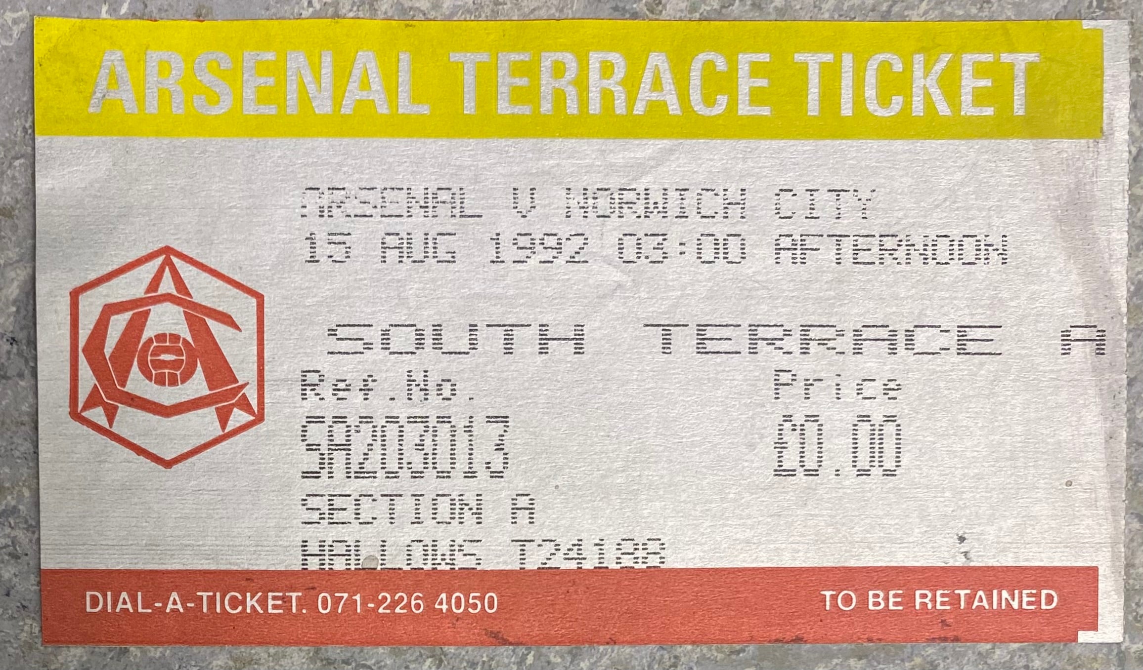 1992/93  ORIGINAL PREMIER LEAGUE TICKET ARSENAL V NORWICH CITY