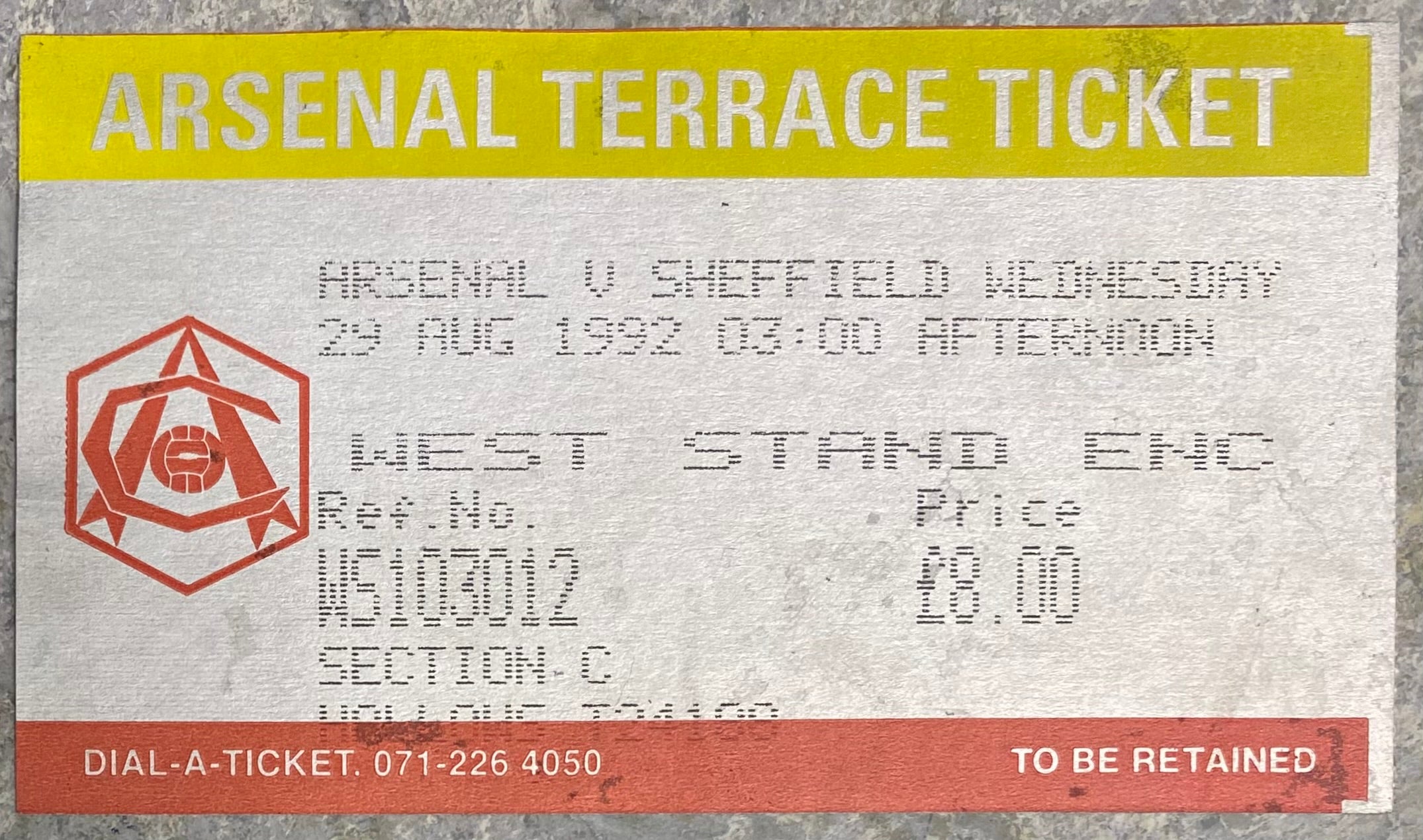 1992/93  ORIGINAL PREMIER LEAGUE TICKET ARSENAL V SHEFFIELD WEDNESDAY