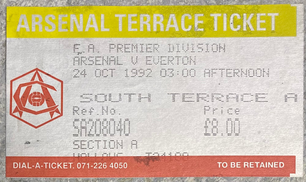 1992/93  ORIGINAL PREMIER LEAGUE TICKET ARSENAL V EVERTON