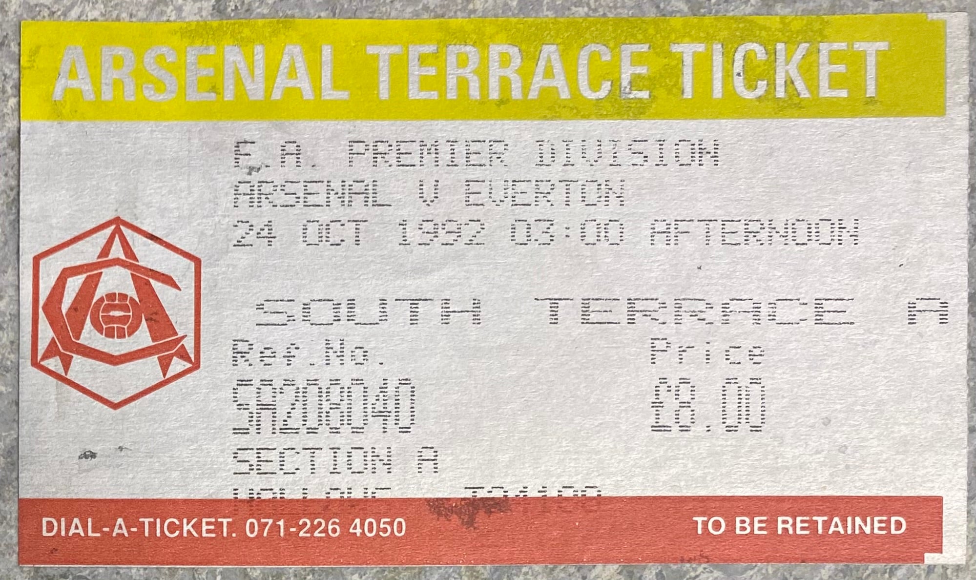1992/93  ORIGINAL PREMIER LEAGUE TICKET ARSENAL V EVERTON