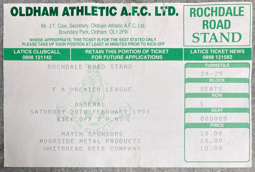 1992/93 ORIGINAL PREMIER LEAGUE TICKET OLDHAM ATHLETIC V ARSENAL
