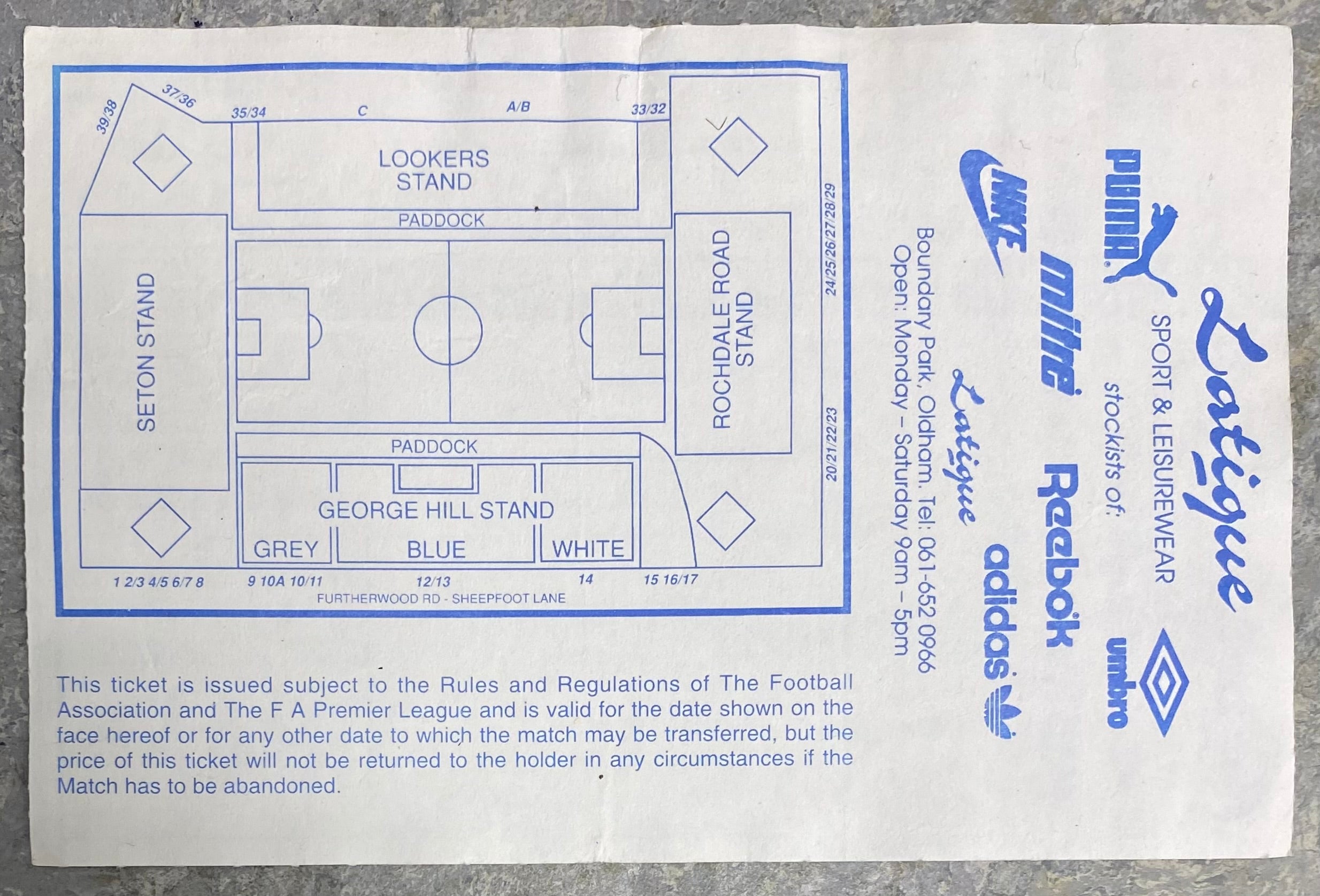 1992/93 ORIGINAL PREMIER LEAGUE TICKET OLDHAM ATHLETIC V ARSENAL