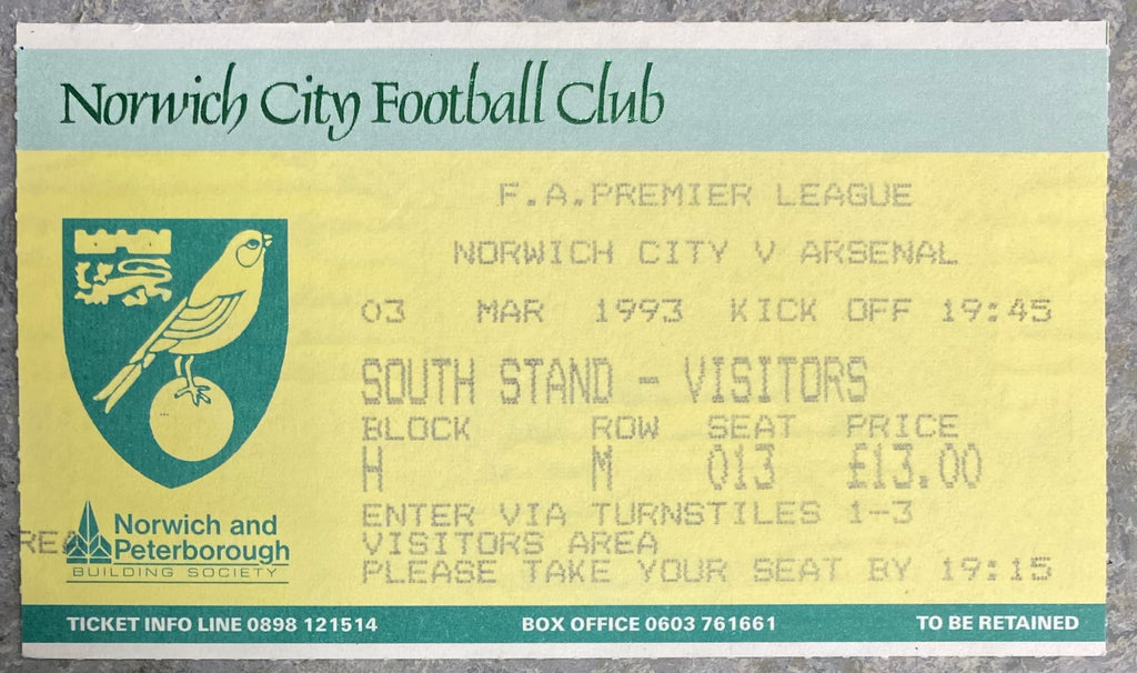 1992/93  ORIGINAL PREMIER LEAGUE TICKET NORWICH CITY V ARSENAL