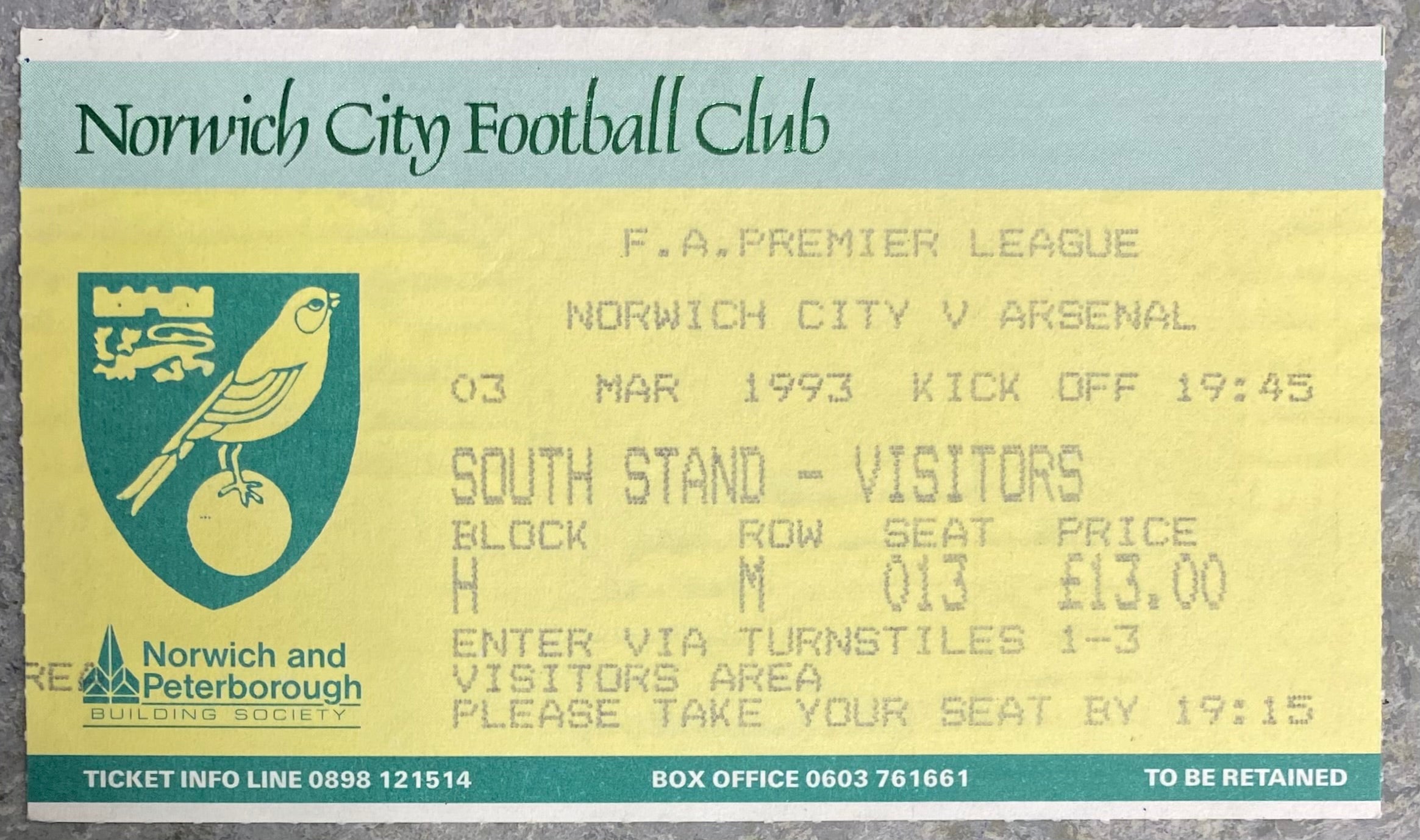1992/93  ORIGINAL PREMIER LEAGUE TICKET NORWICH CITY V ARSENAL