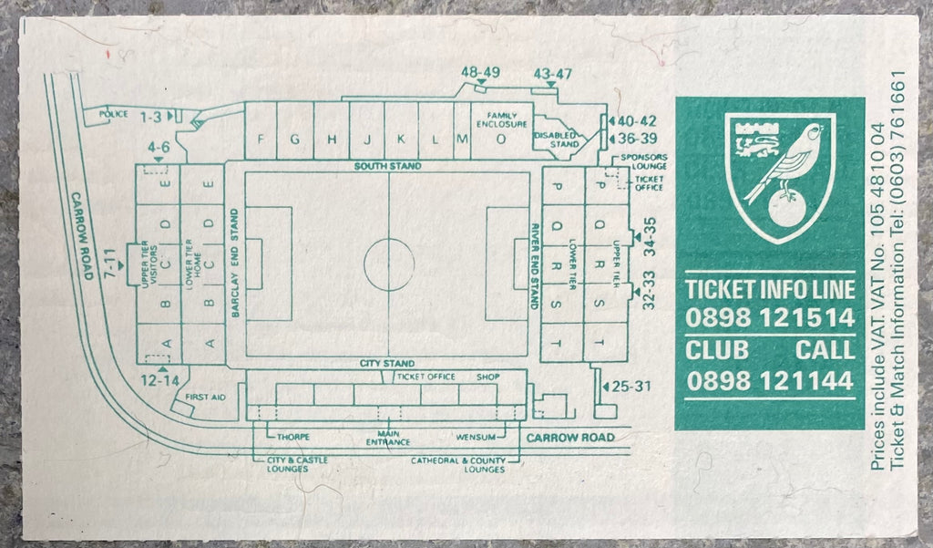 1992/93  ORIGINAL PREMIER LEAGUE TICKET NORWICH CITY V ARSENAL