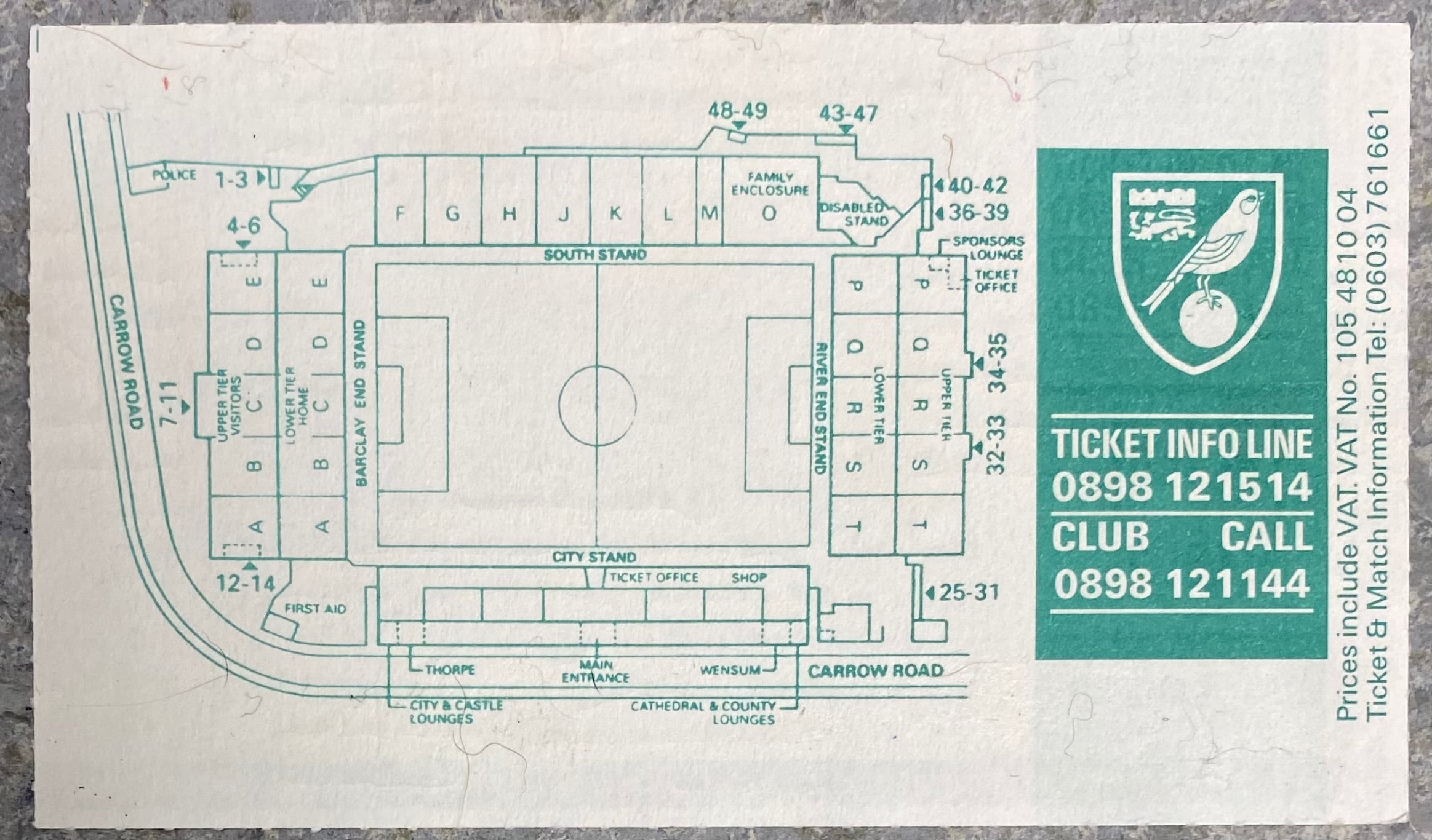 1992/93  ORIGINAL PREMIER LEAGUE TICKET NORWICH CITY V ARSENAL