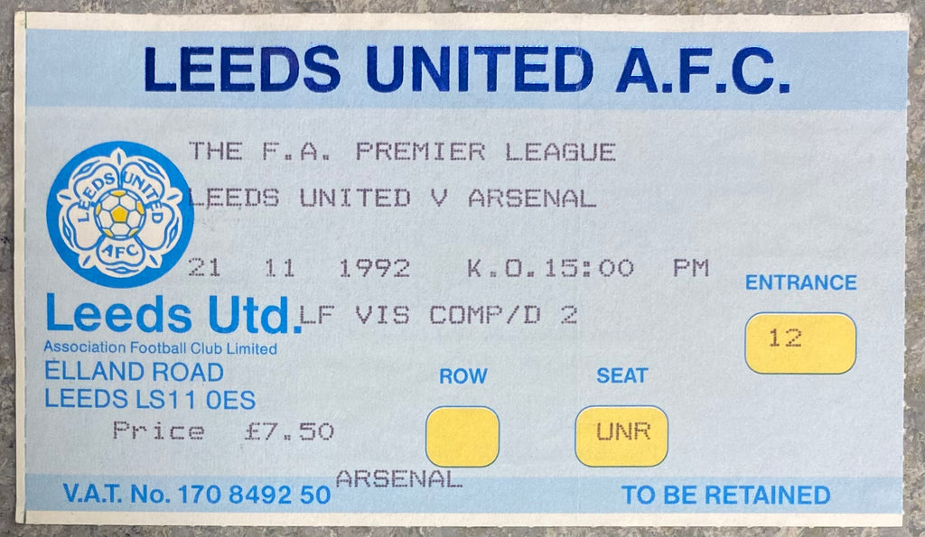 1992/93  ORIGINAL PREMIER LEAGUE TICKET LEEDS UNITED V ARSENAL
