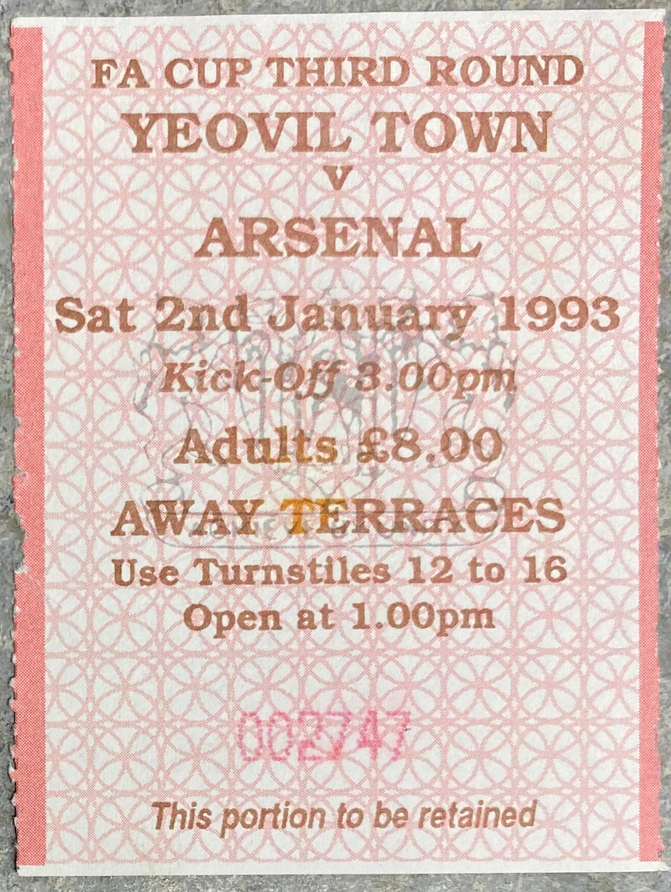 1992/93  ORIGINAL FA CUP 3RD ROUND TICKET YEOVIL TOWN V ARSENAL
