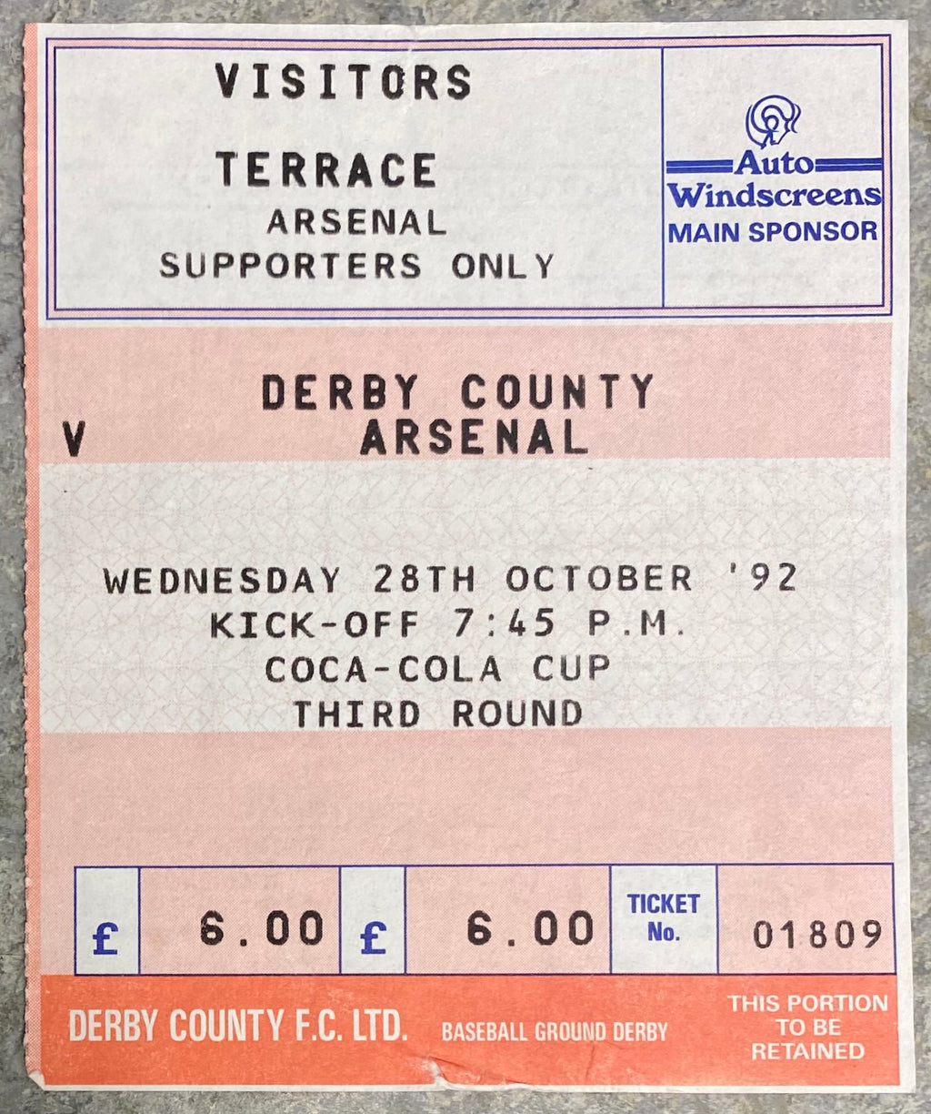 1992/93  ORIGINAL COCA COLA 3RD ROUND TICKET DERBY COUNTY V ARSENAL